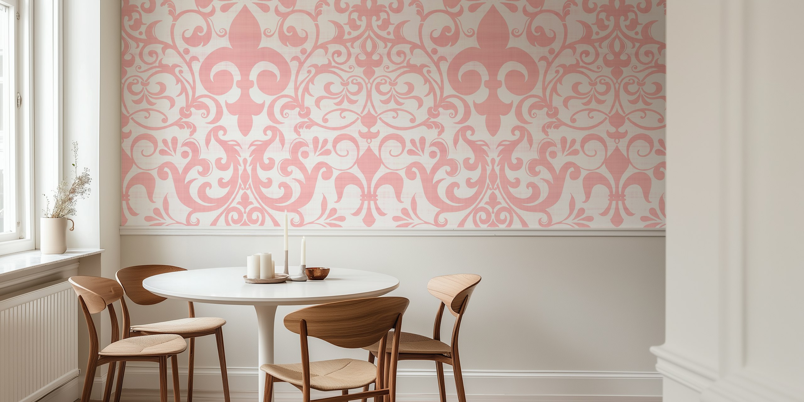 Pink floral damask pattern wallpaper with elegant swirls and motifs