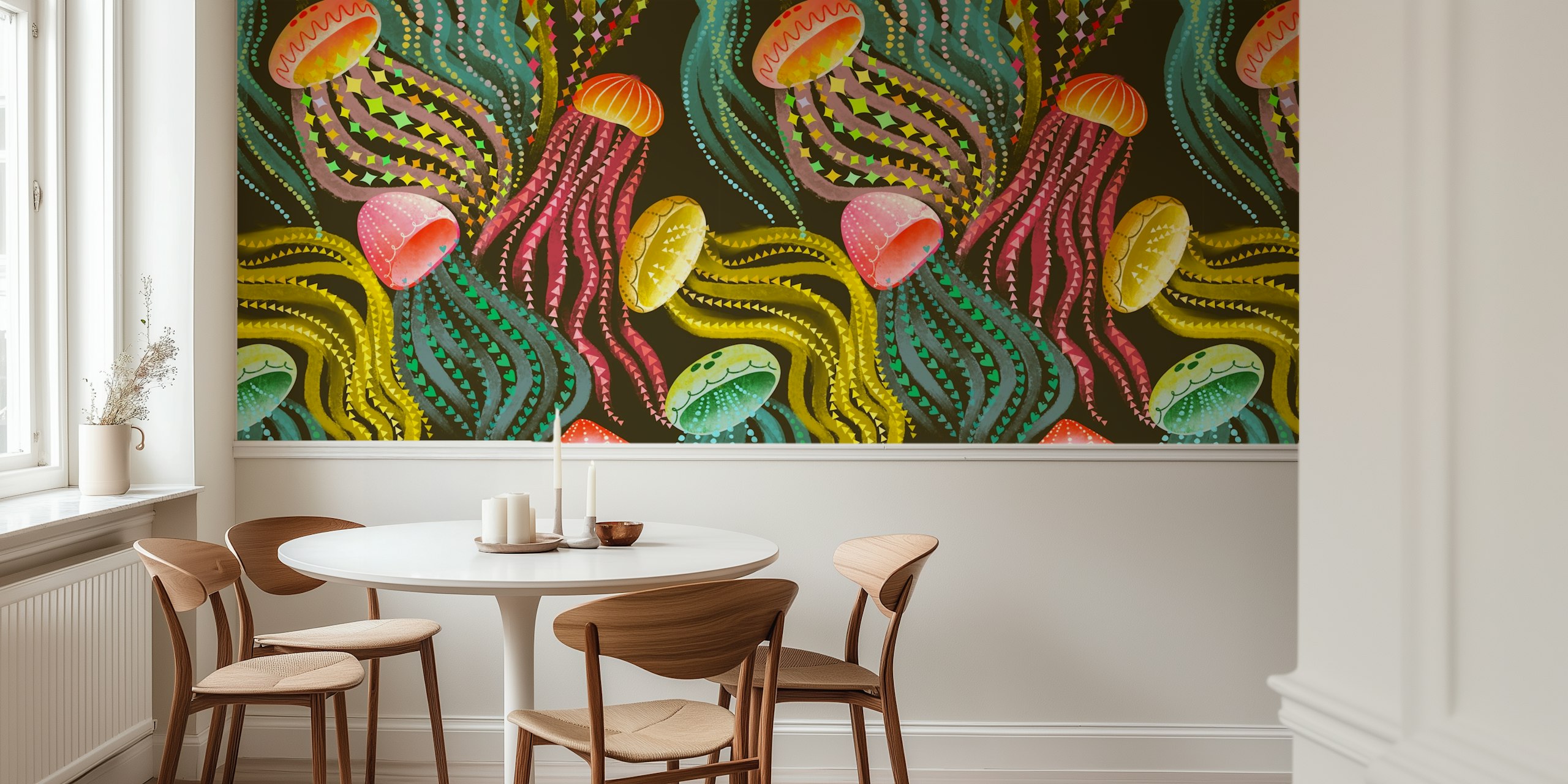 Colorful jellyfish mural with dynamic patterns on a dark background