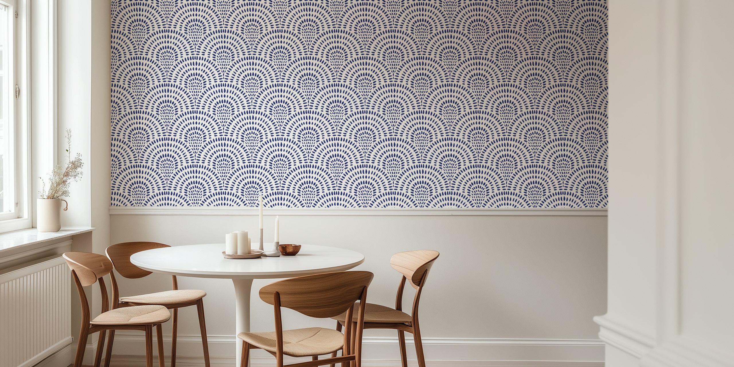 Navy blue scallops pattern on white wallpaper