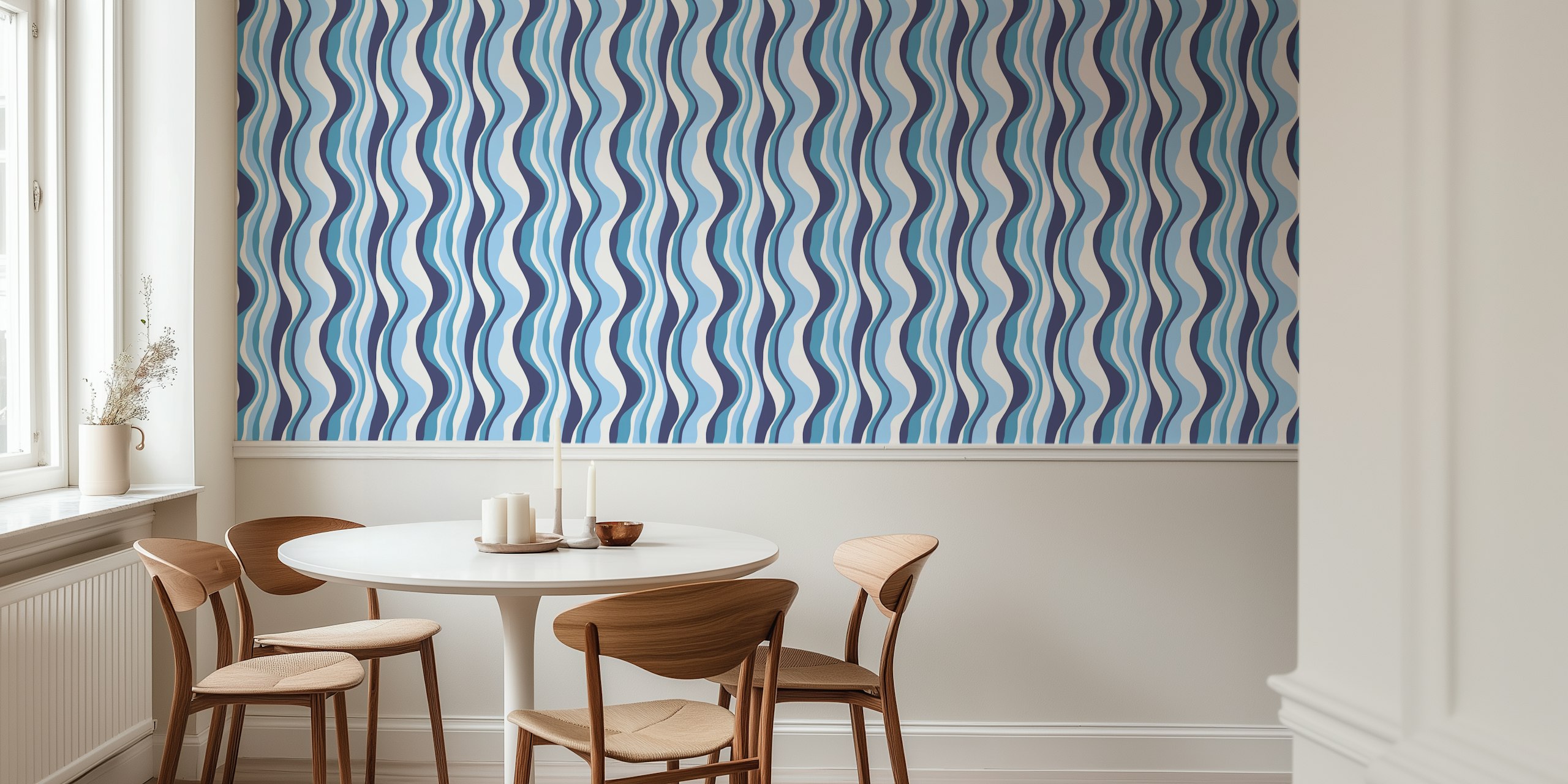 Elegant tapetdesign med blå vågiga linjer