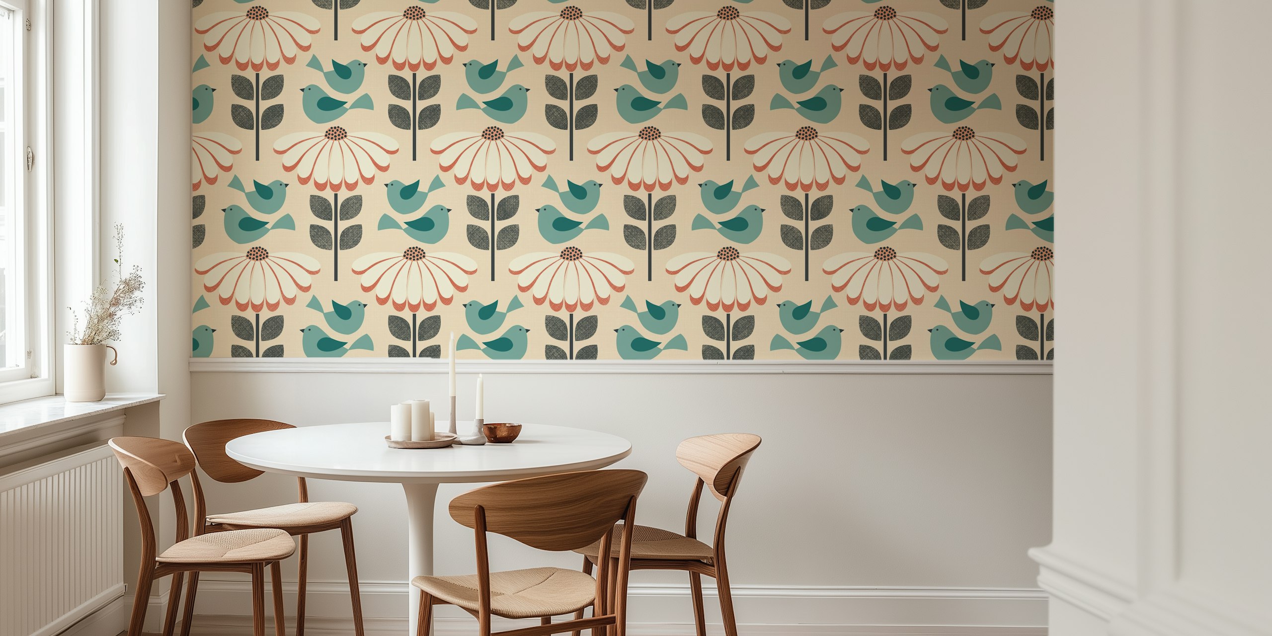 Daisies with fluttering birds - blue, coral