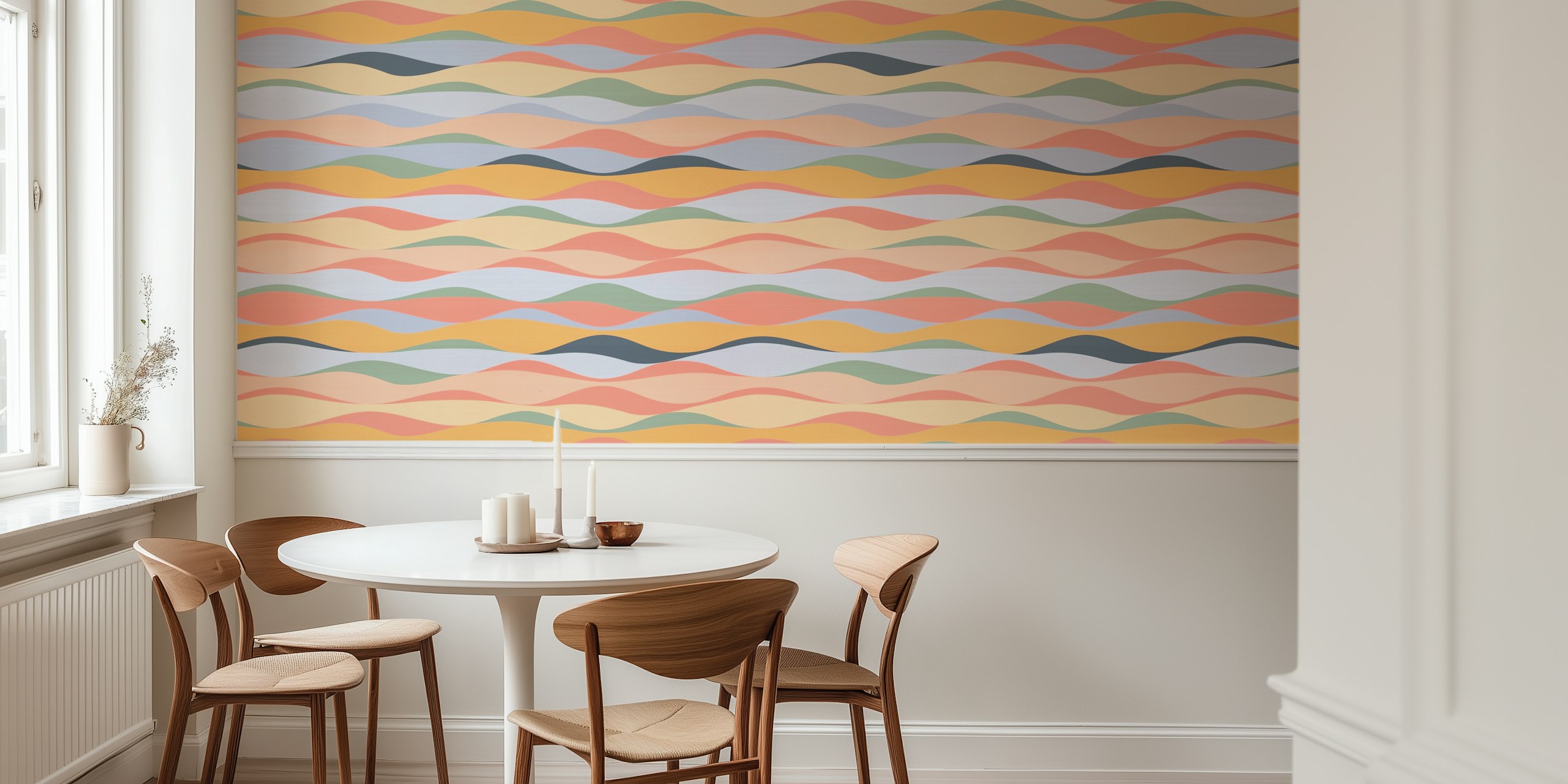 Pastel colored wavy lines wall mural creating a tranquil and serene ambiance.
