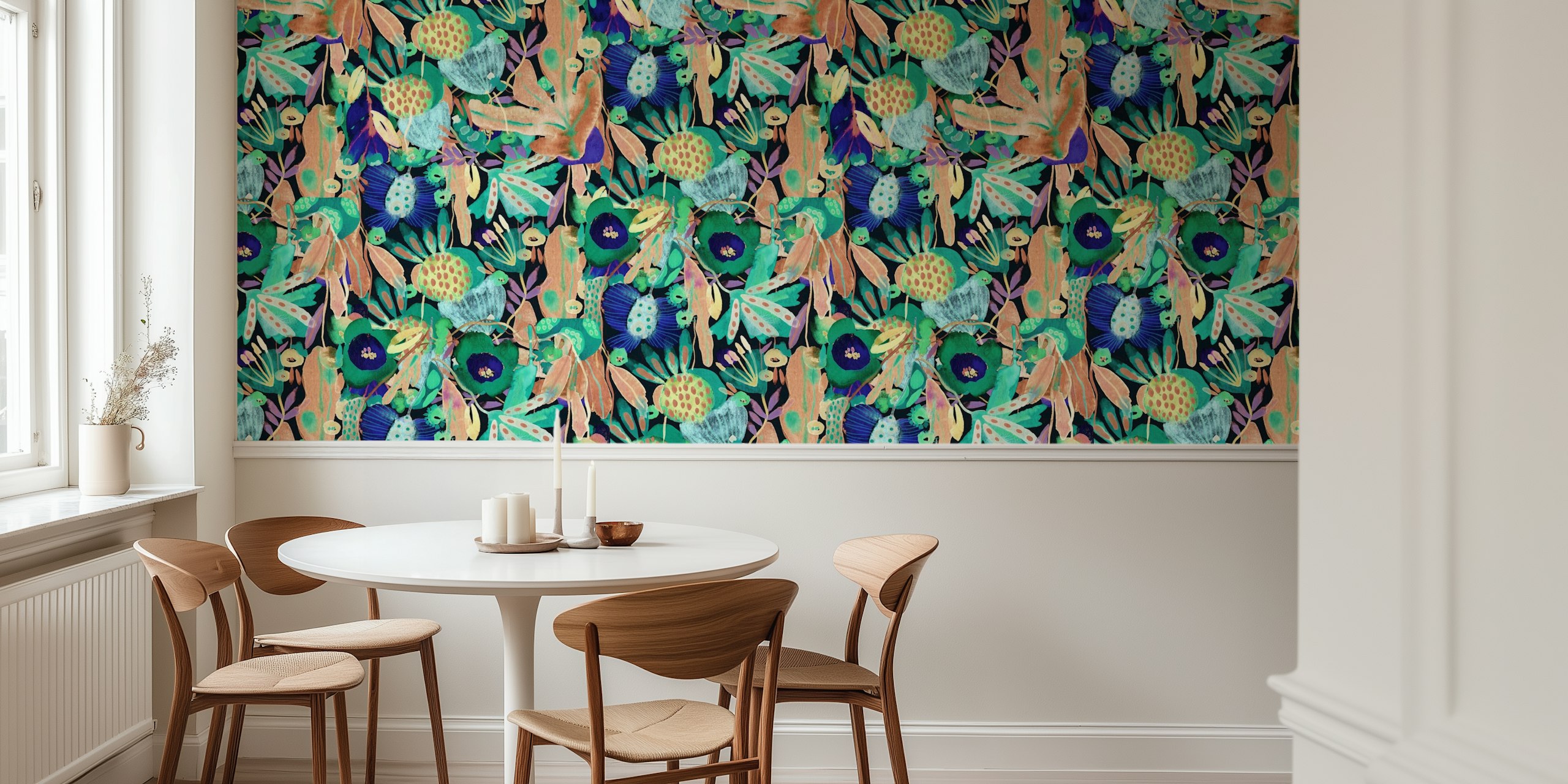 Floral Camouflage wall mural with teal, purple, and green colors