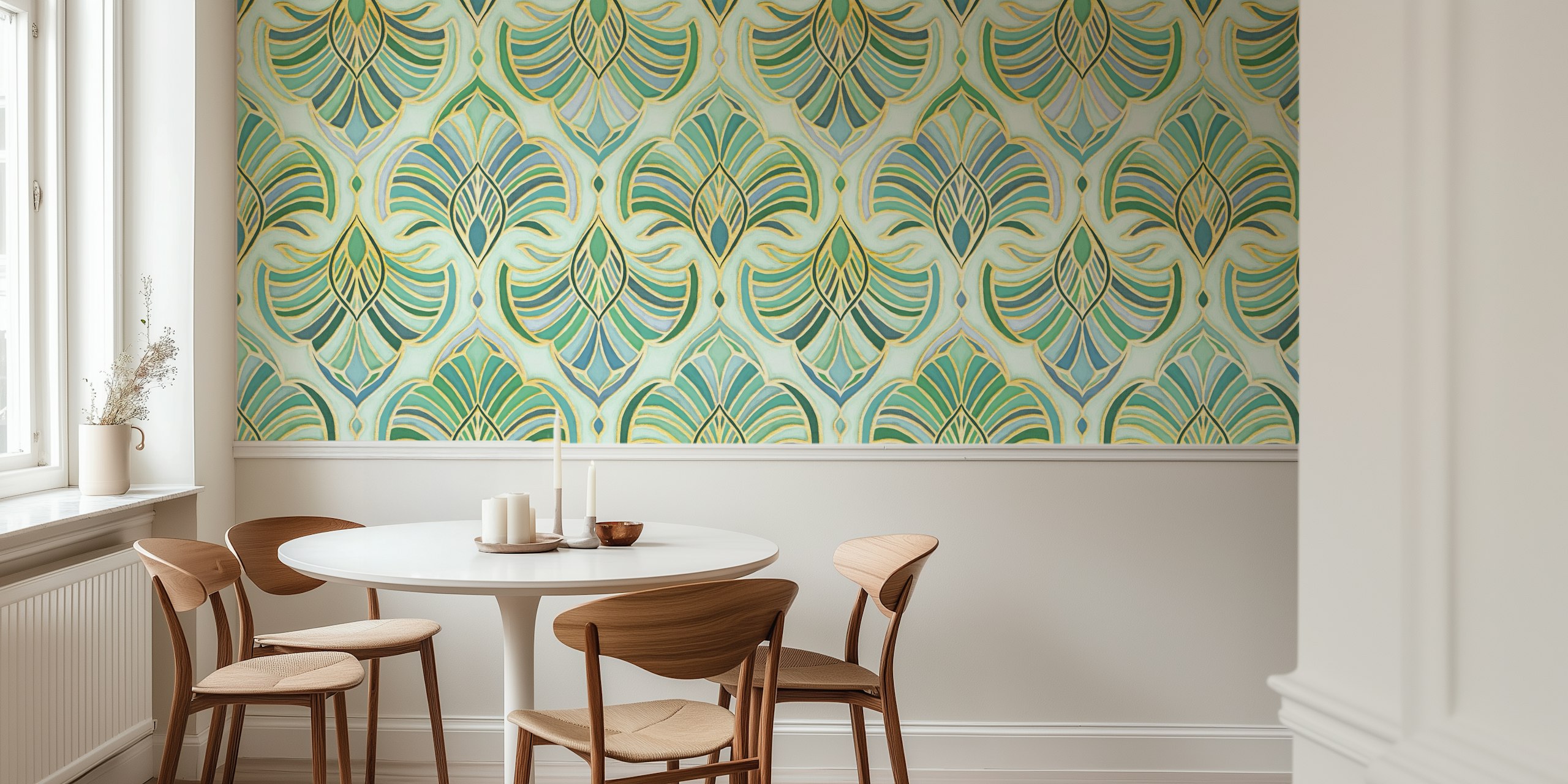 Art Deco fan pattern wallpaper in green and gold