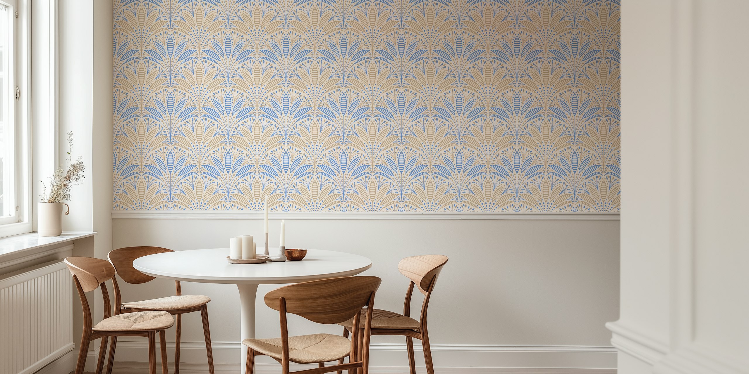 Blue floral pattern with stripes and dots on beige wallpaper