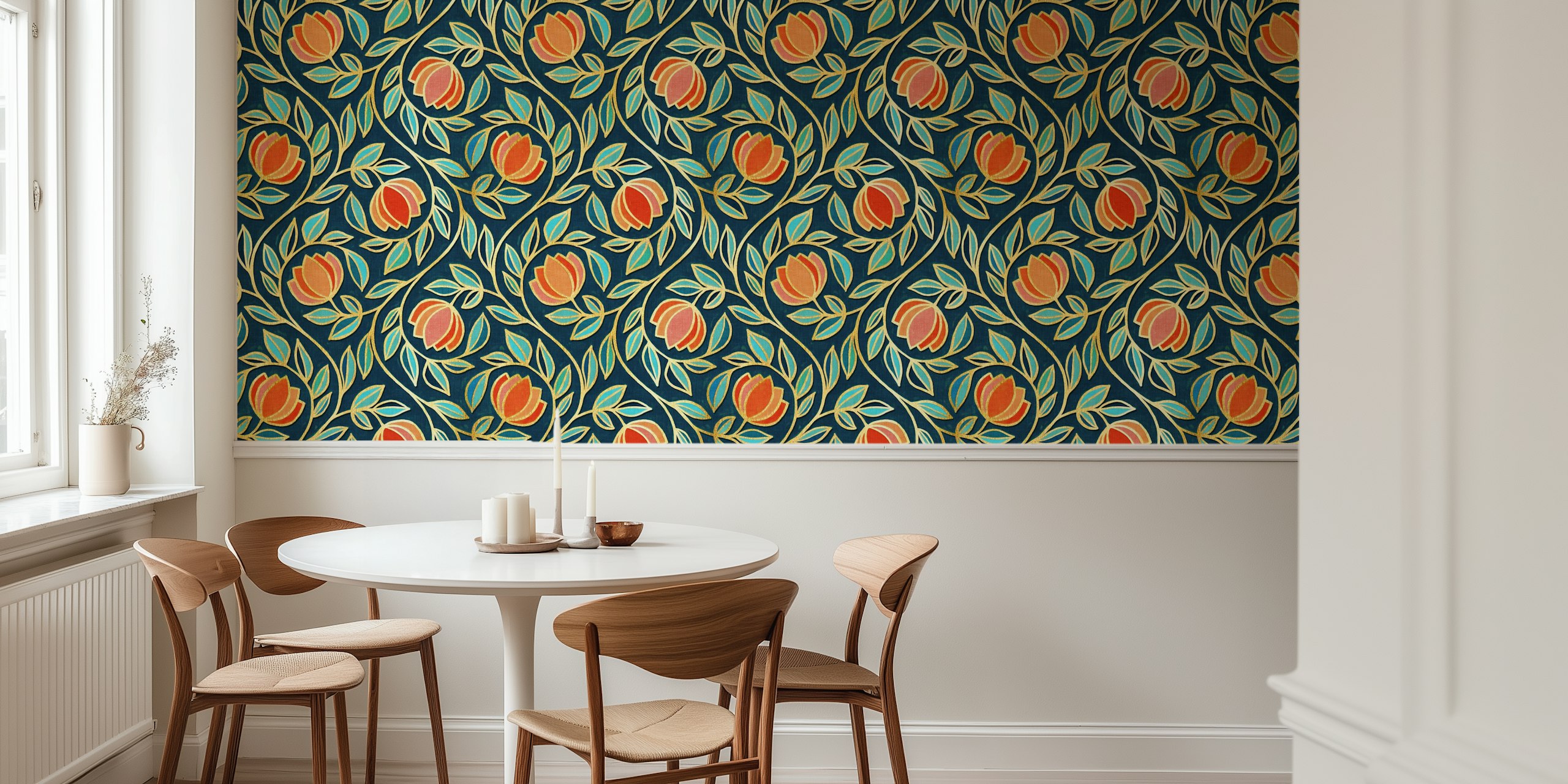 Gilded floral tapestry in coral and navy blue