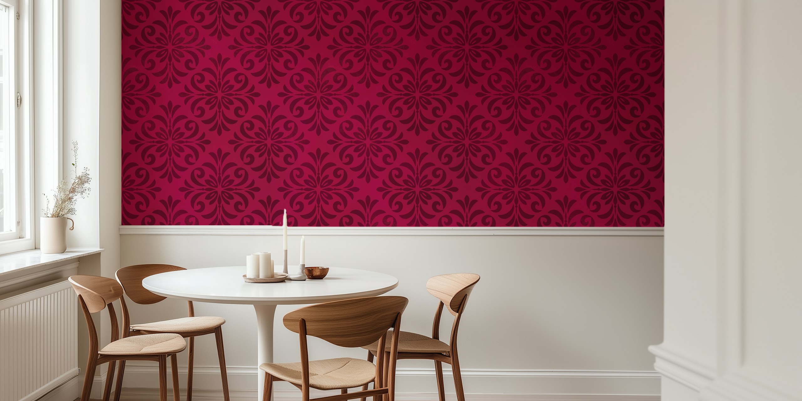 Red ornamental tile pattern wallpaper with classic design
