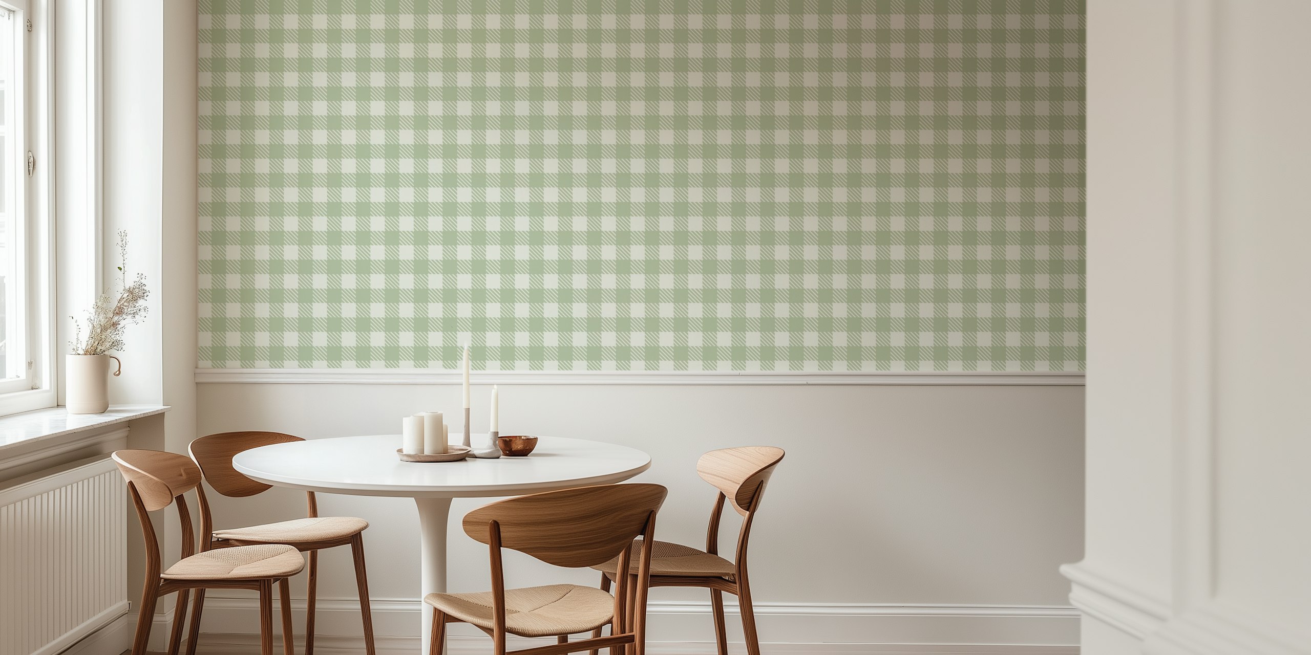 Gingham pattern in green and white on wallpaper