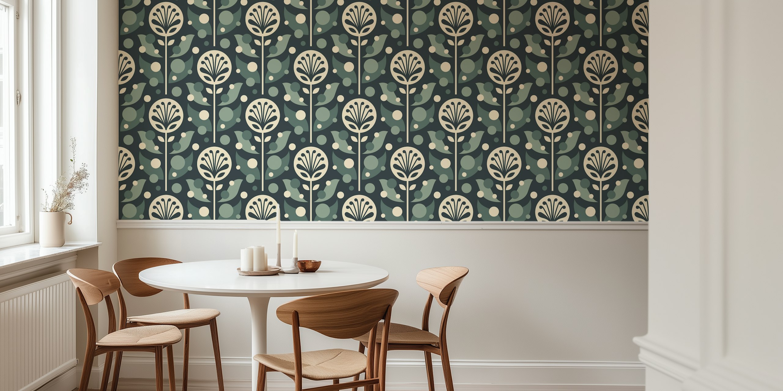 Sage green and cream floral pattern wallpaper with circles and abstract plants