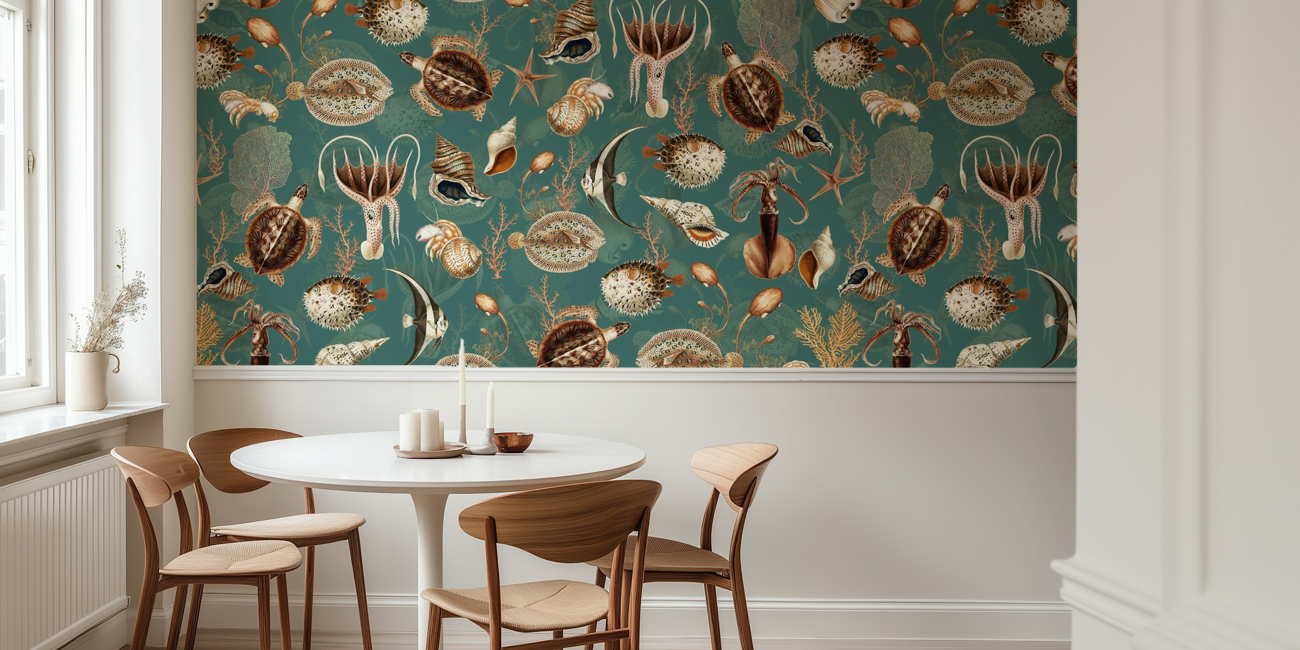 Marine life and seashells on turquoise background wallpaper