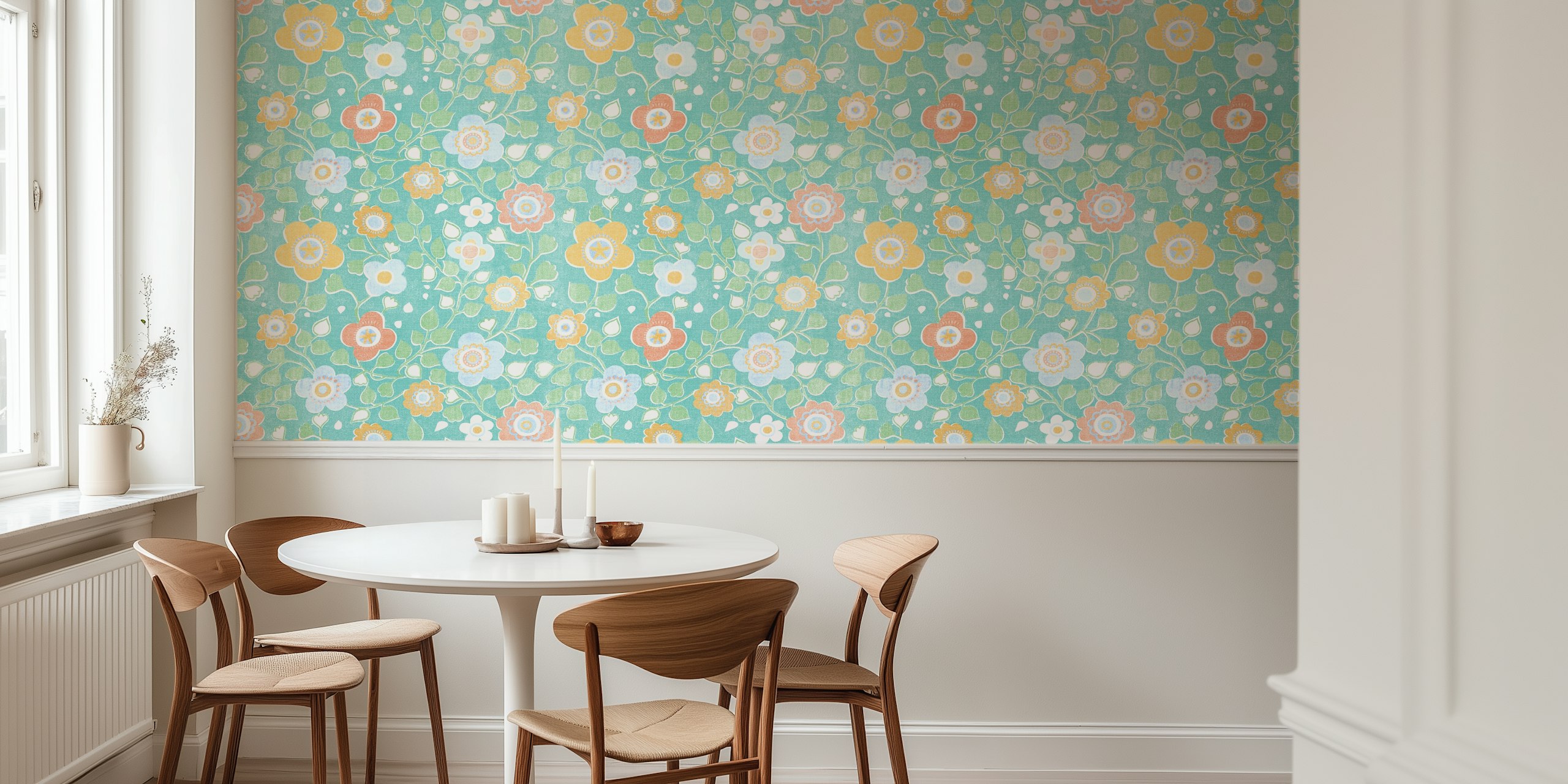 Simply Boho turquoise floral wallpaper in a room