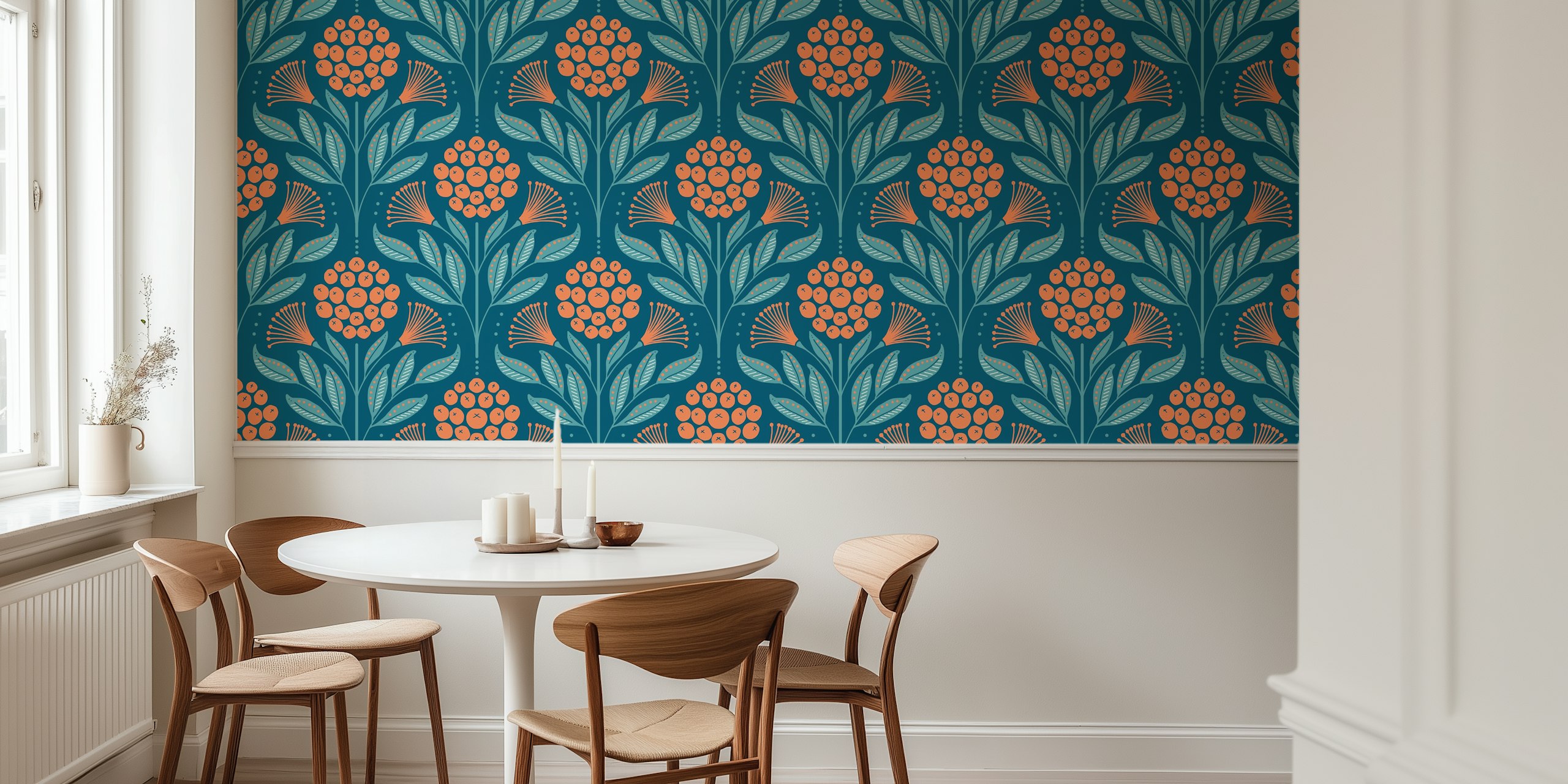 Vibrant floral pattern with teal leaves and coral flowers wallpaper