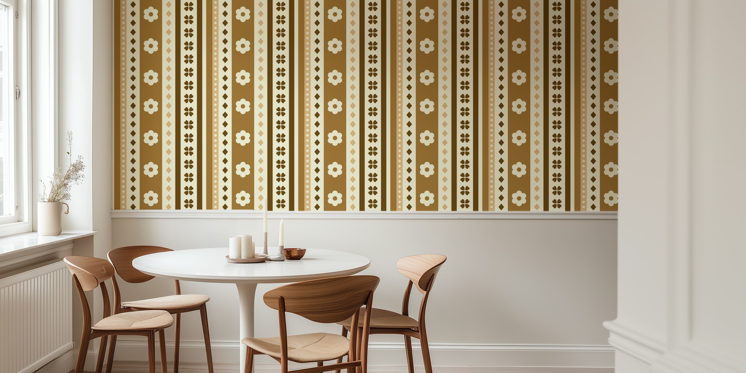 Earthy tones geo floral stripes wallpaper in a room