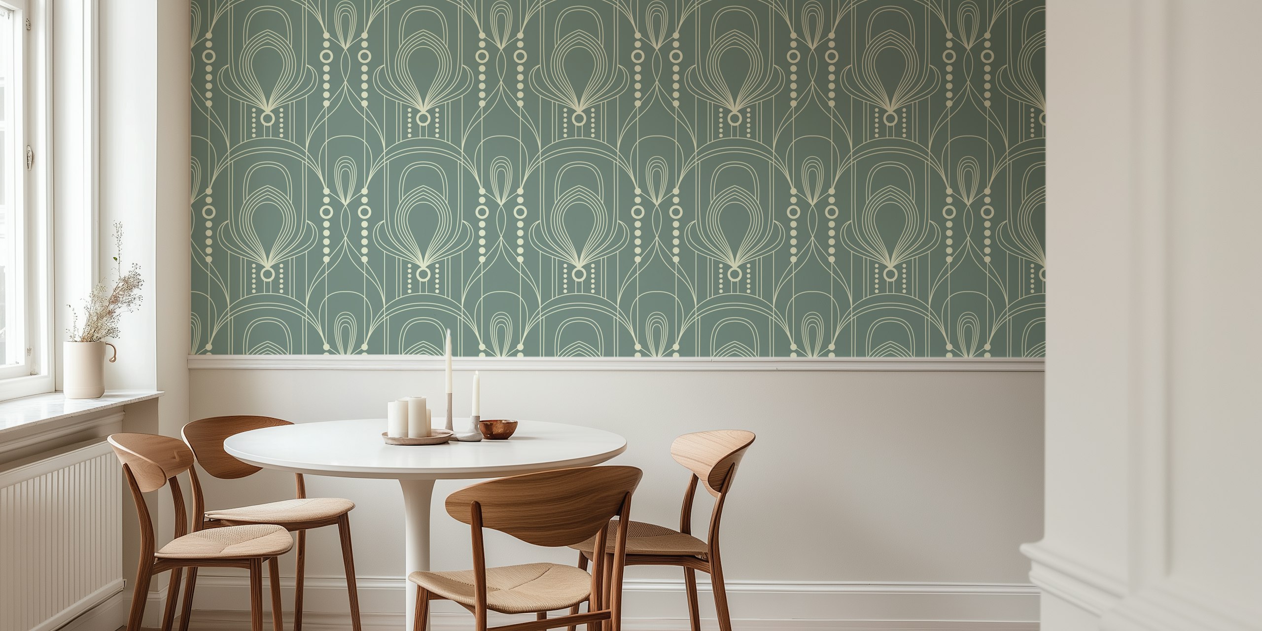 Modern Art Deco Twist Sage Tapete in einem Raum