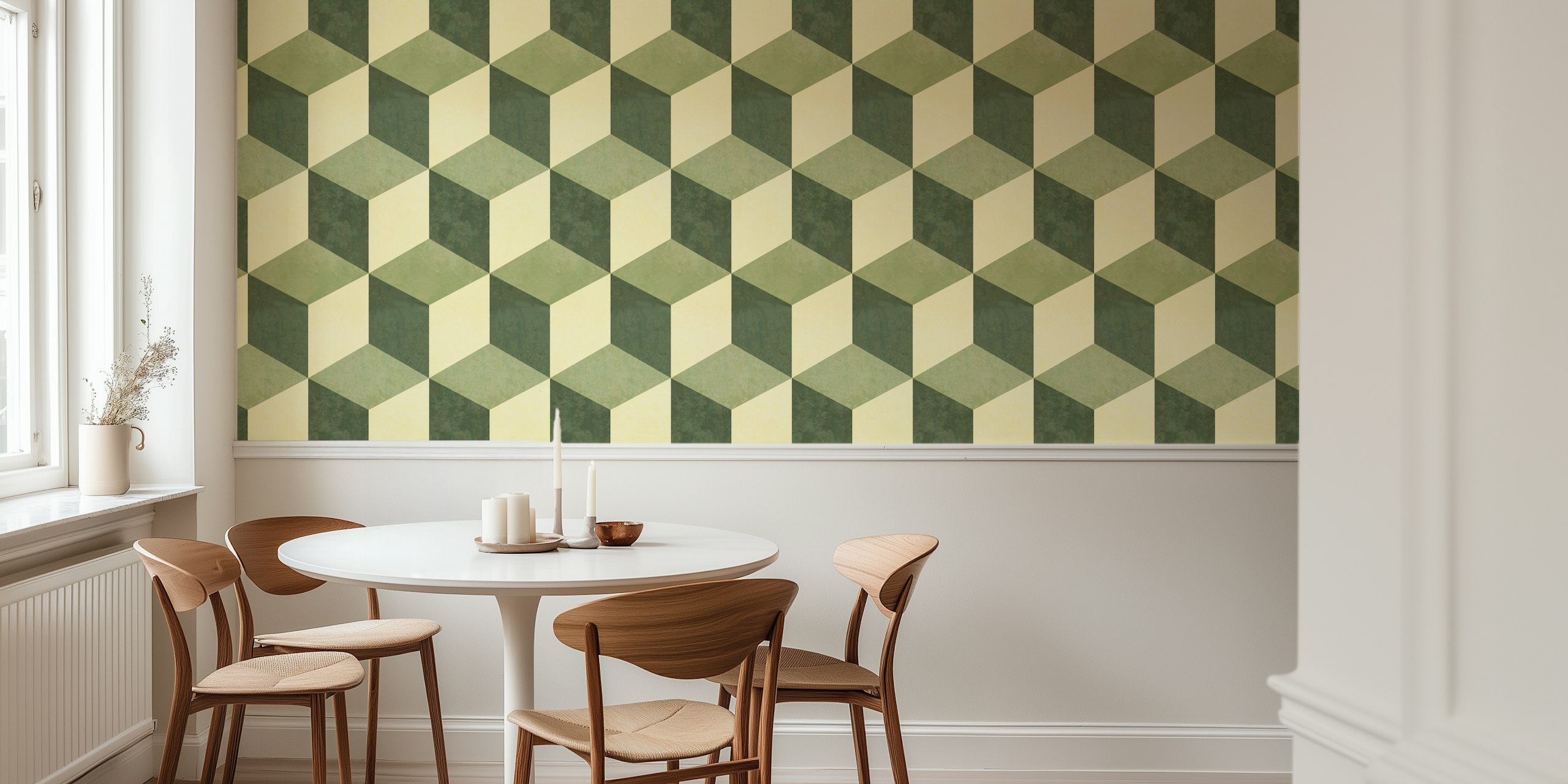 Geometric sage green and cream wallpaper in a vintage boho style