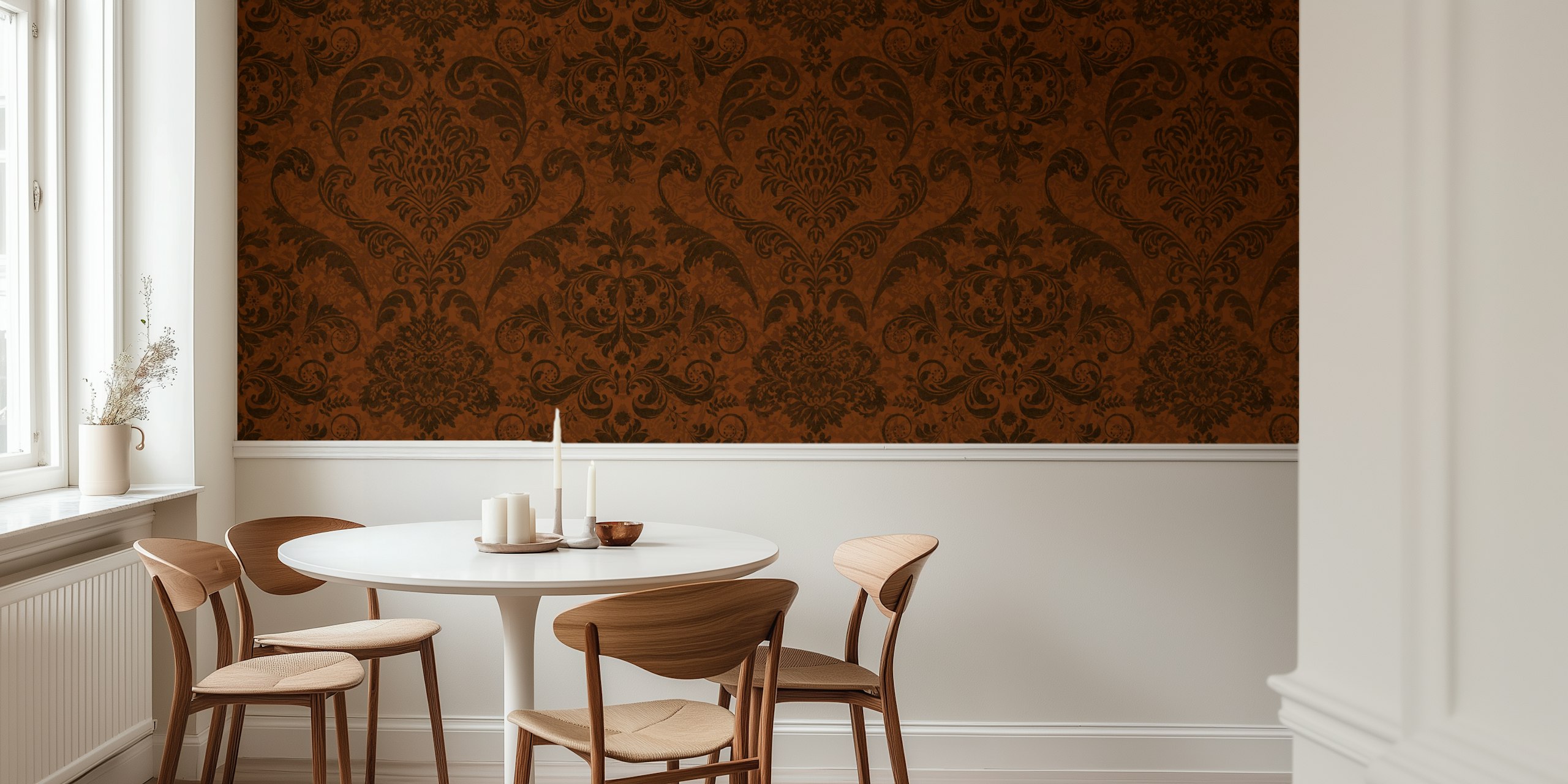 Dark vintage damask wallpaper pattern in amber maroon