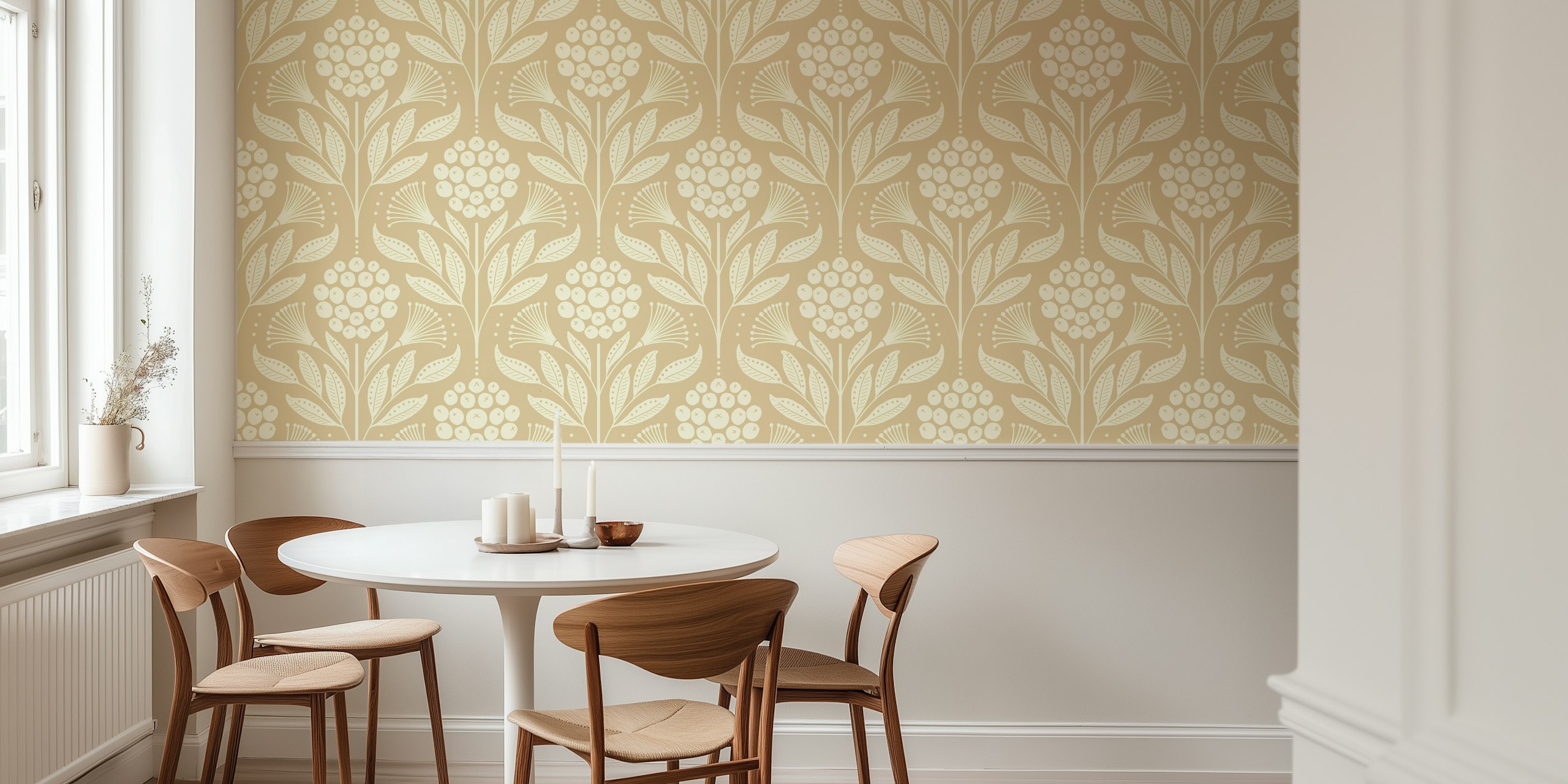 Floral and leaf patterns in beige and cream Boho wallpaper