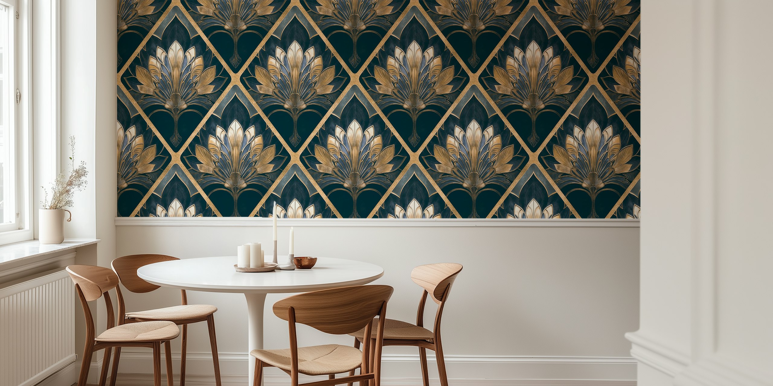 Art Deco Floral Wallpaper σε Μπλε και Χρυσό