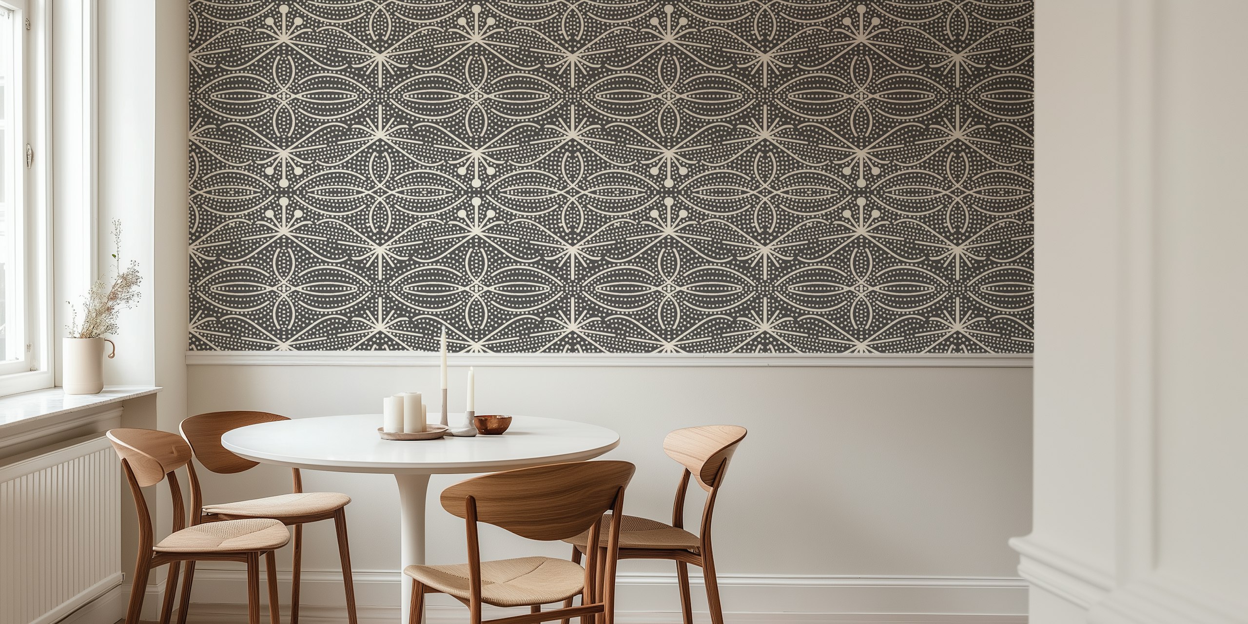 Bohemian leaves pattern in black and white wallpaper