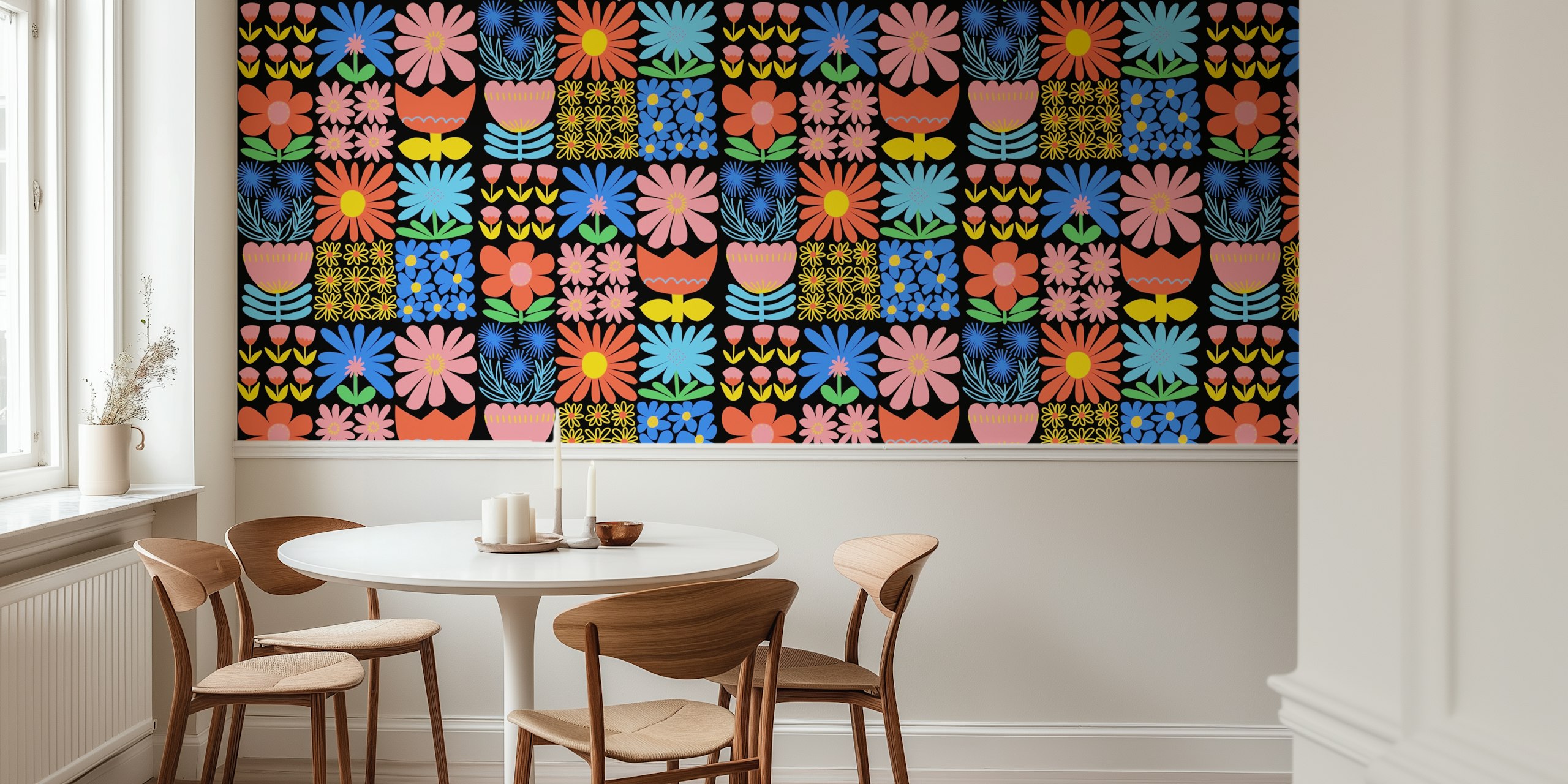Modern floral wallpaper pattern in colorful squares