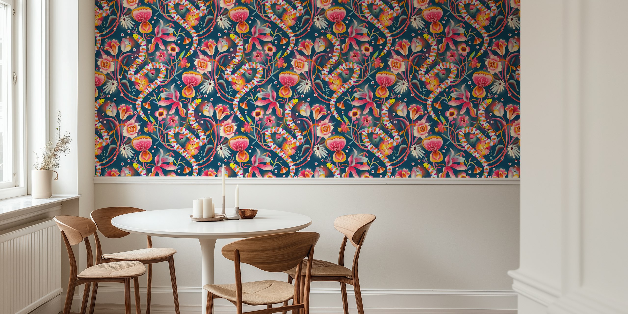 Colorful snakes and flowers on blue background wallpaper