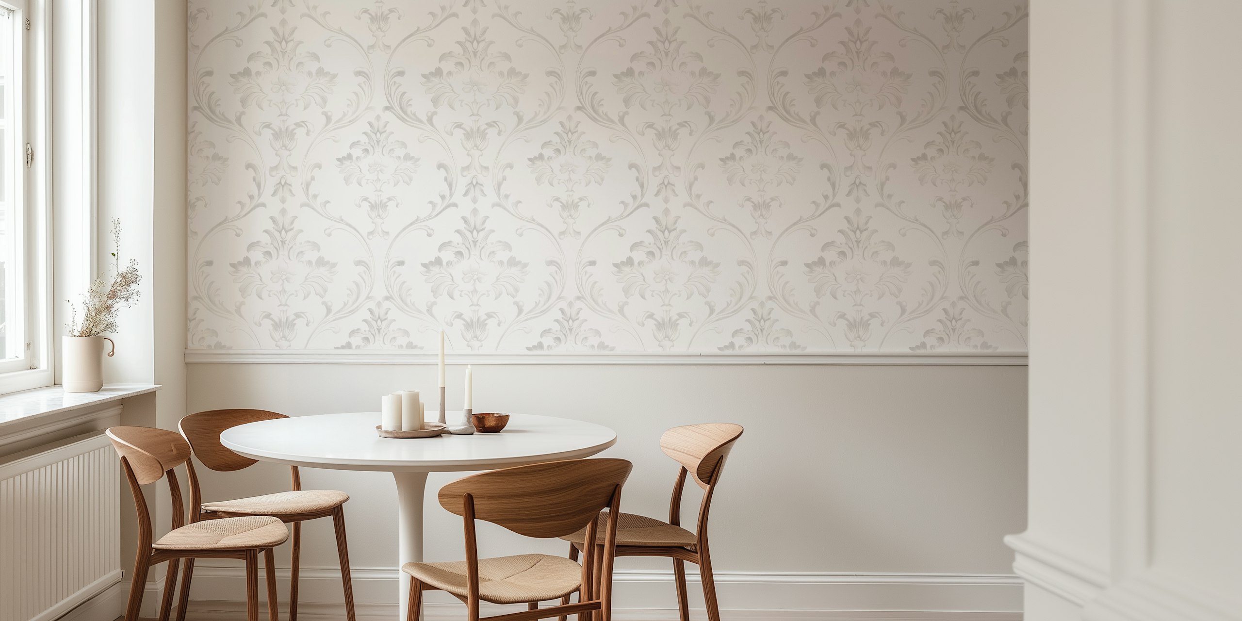 Victorian damask pattern in white and light gray wallpaper