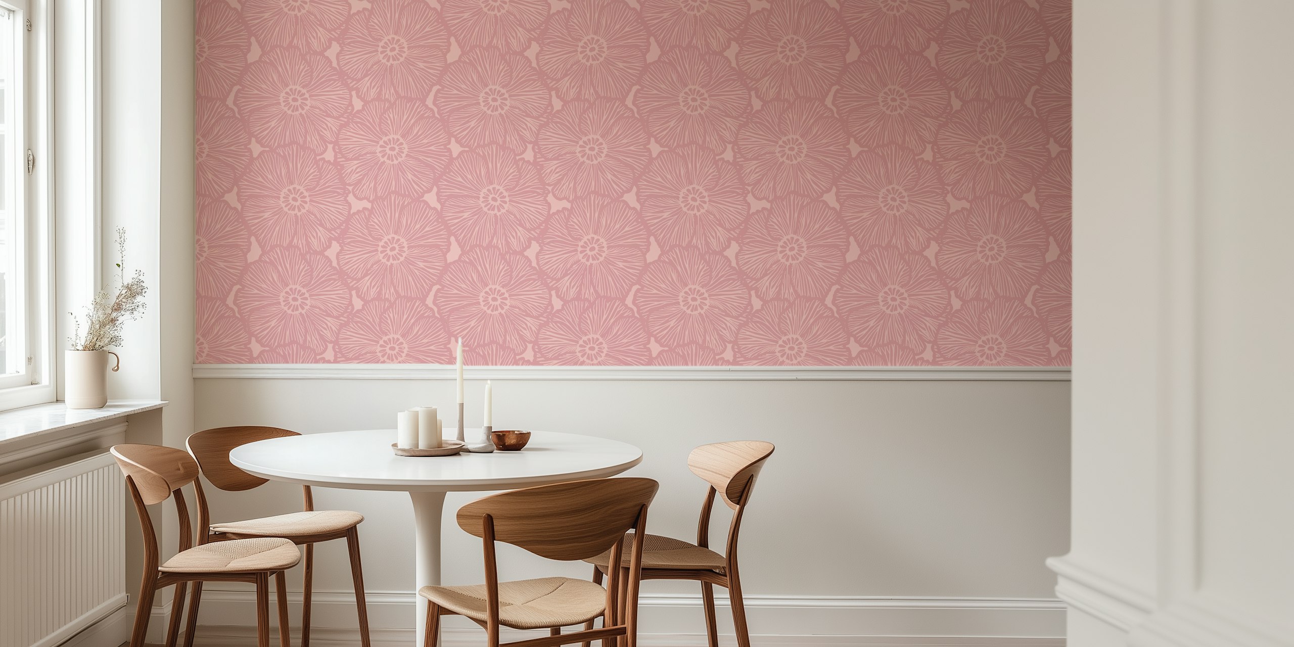 Pink floral pattern wallpaper with outlined flowers