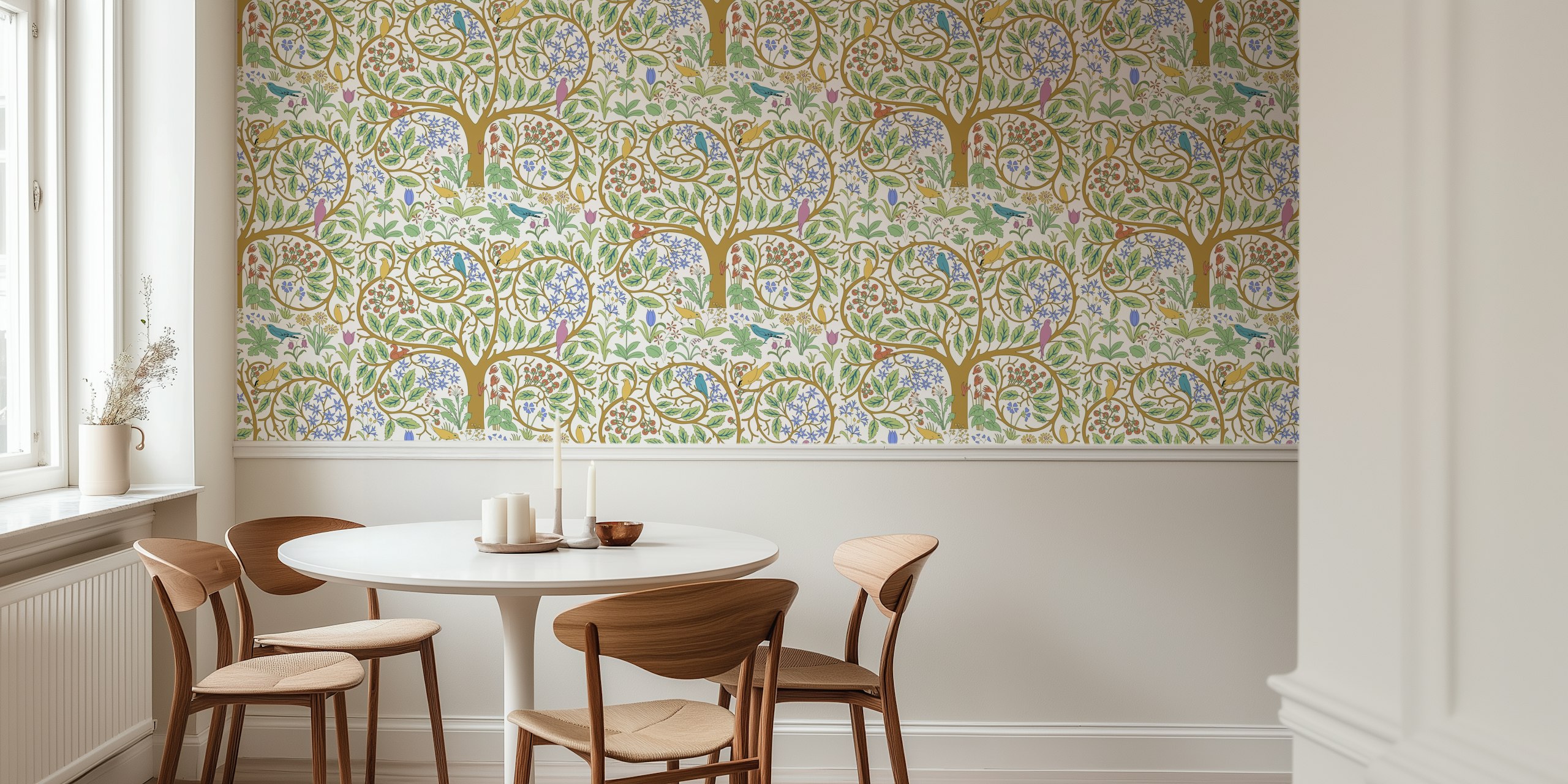 Vintage floral garden design wallpaper with birds and colorful flowers