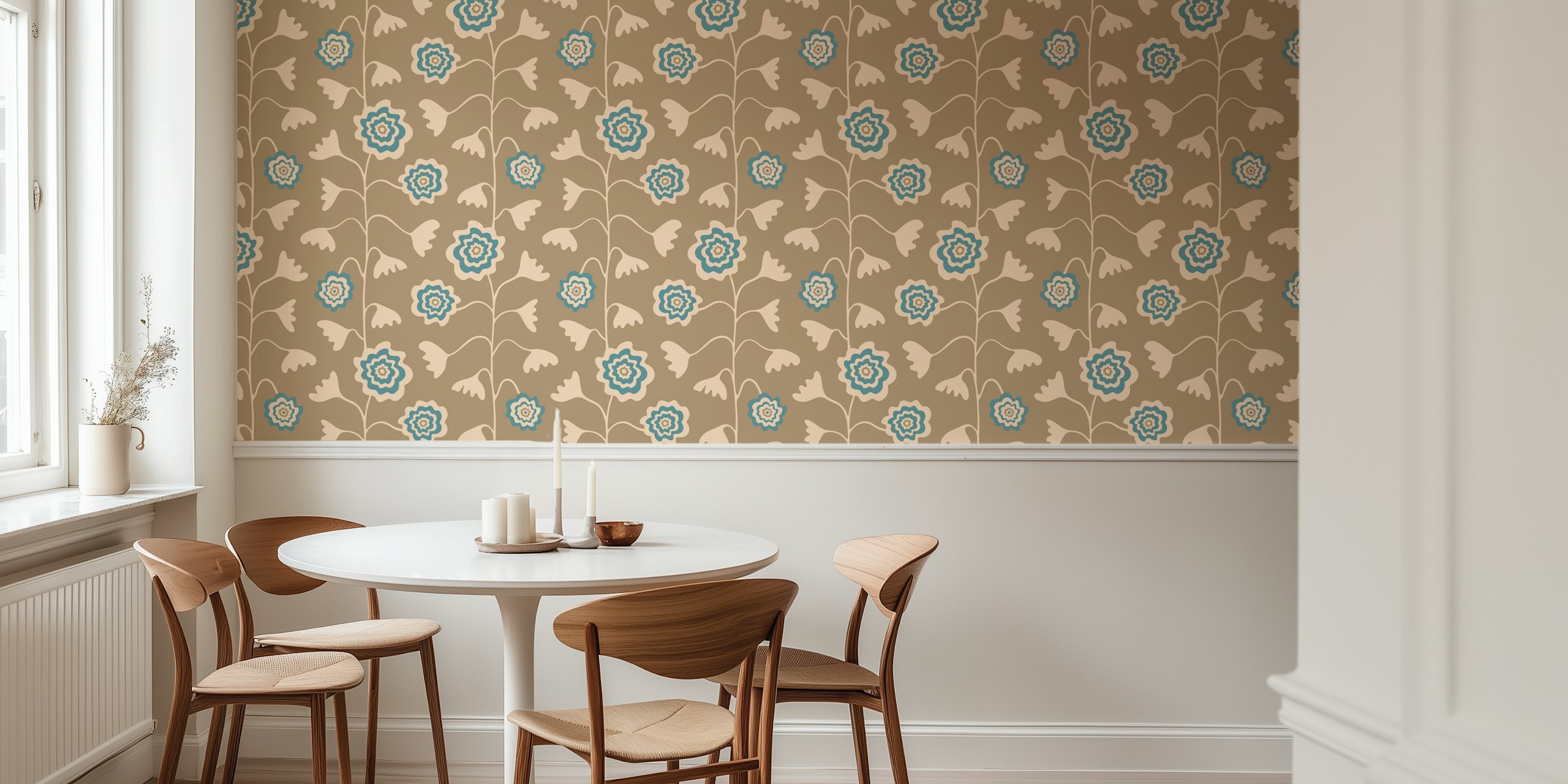 Cream beige floral pattern with blue flowers wallpaper