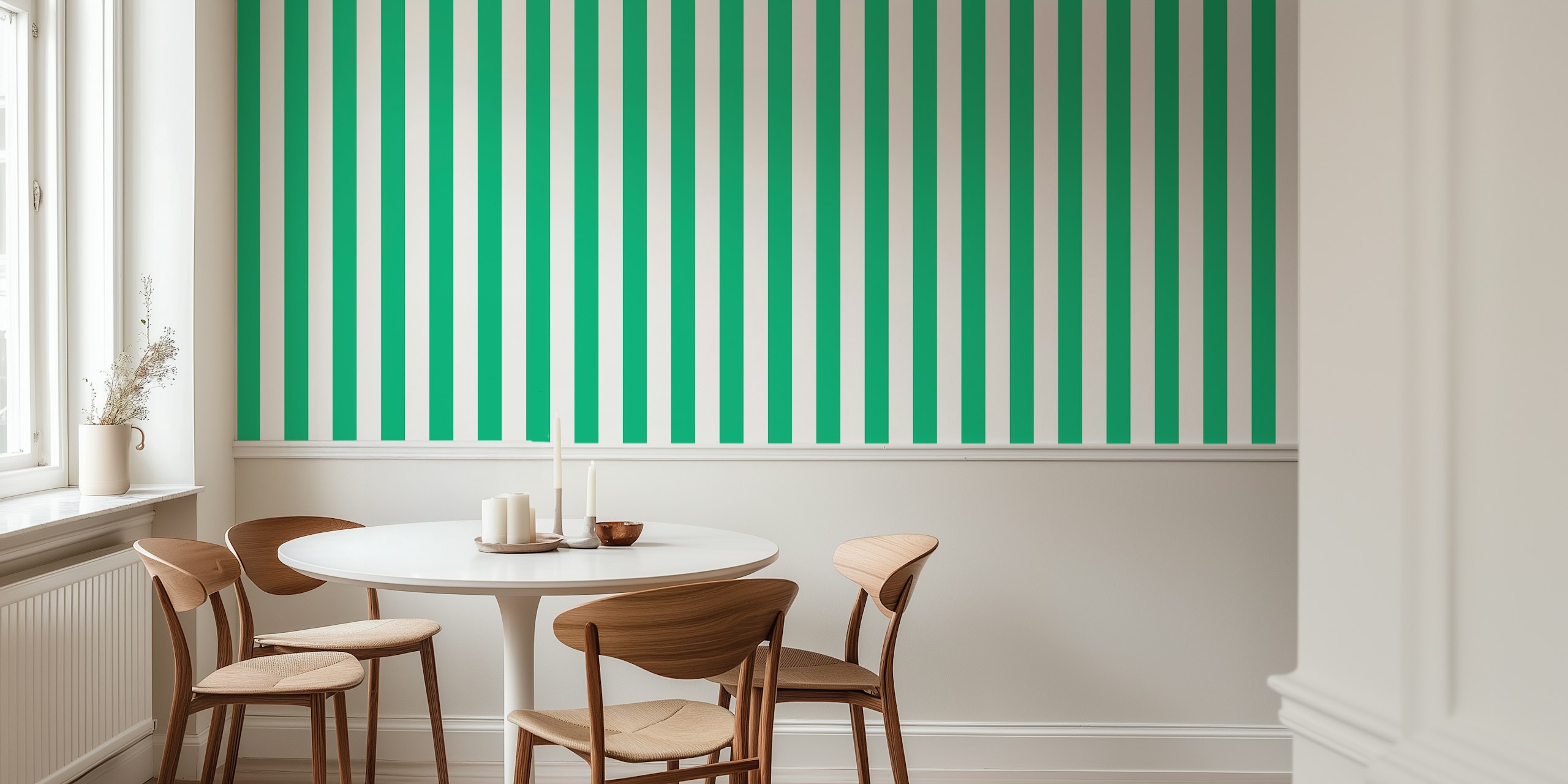 Green and white striped wallpaper