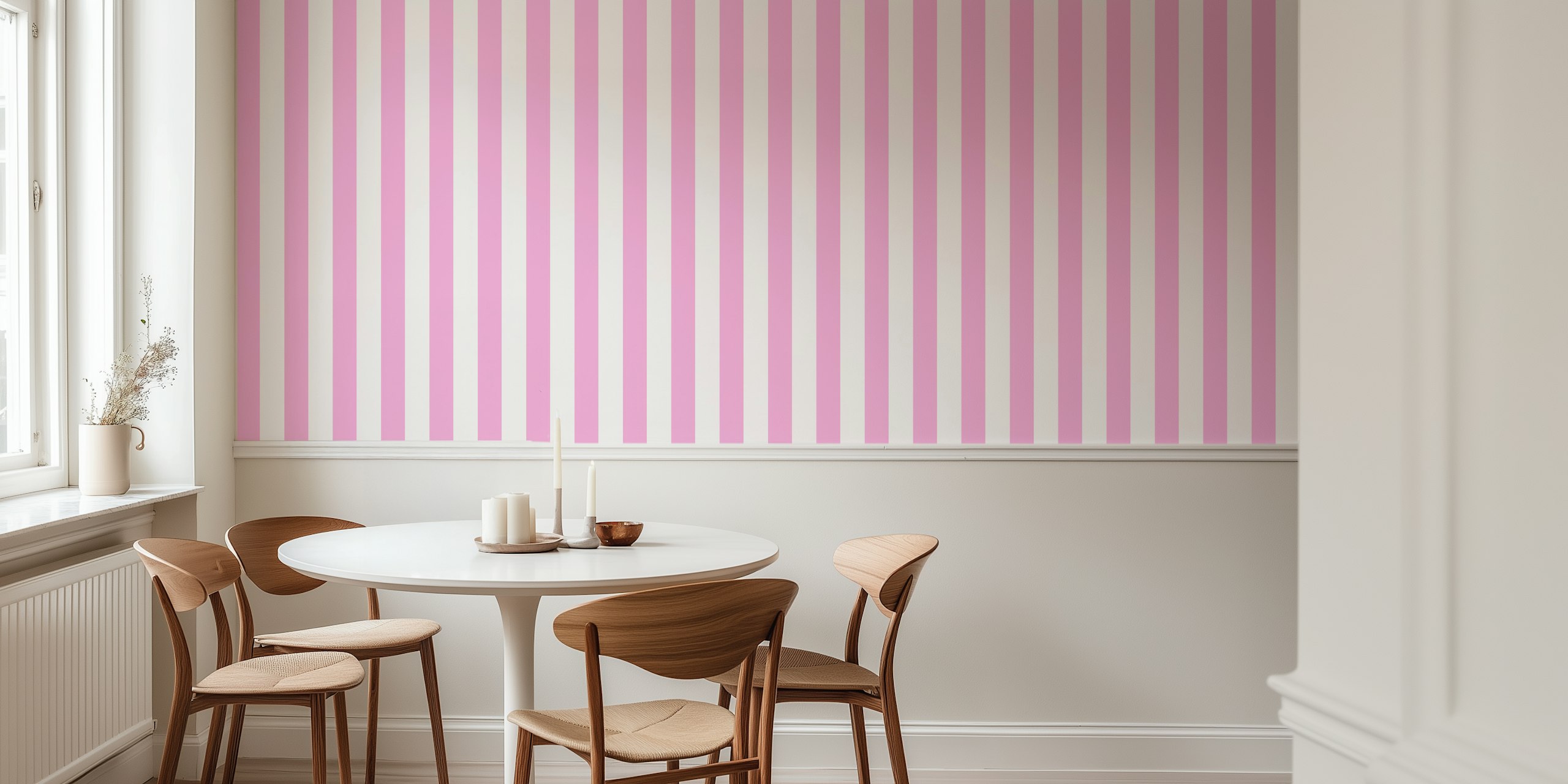Rosa and white stripes wallpaper in a room