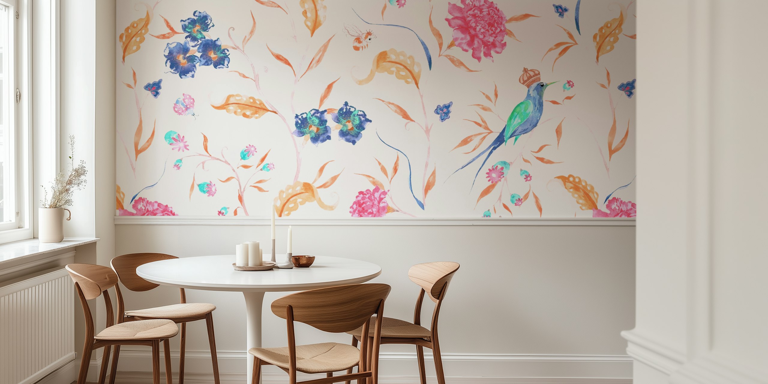 Colorful floral pattern with pink and blue flowers and birds wallpaper