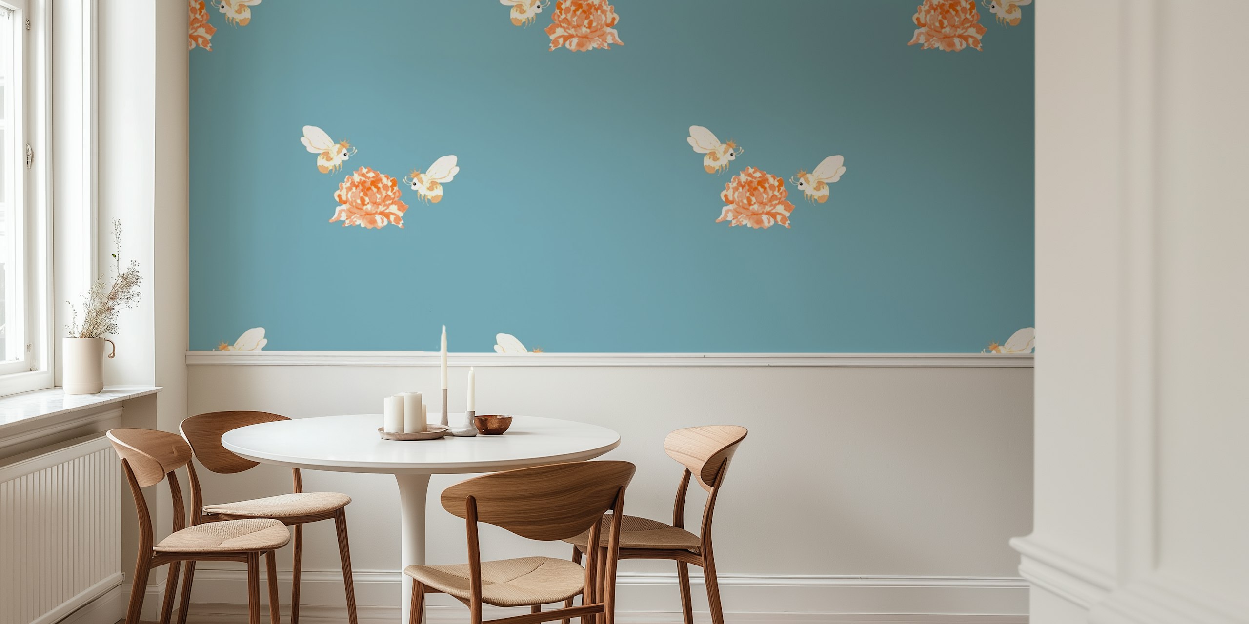 Flower and bee wallpaper design in a room