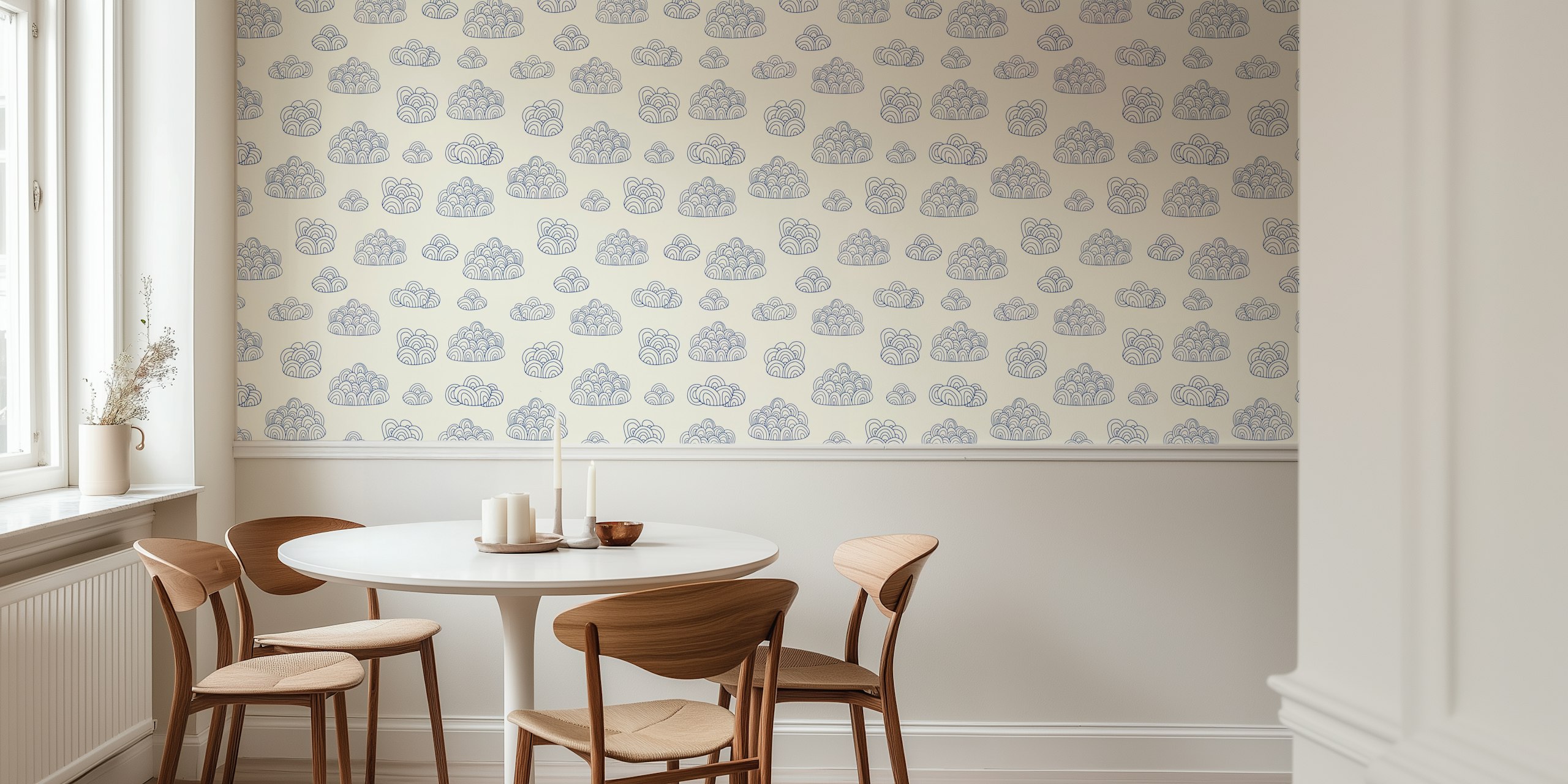 Doodle Line Art Clouds Navy Blue en papel pintado blanco