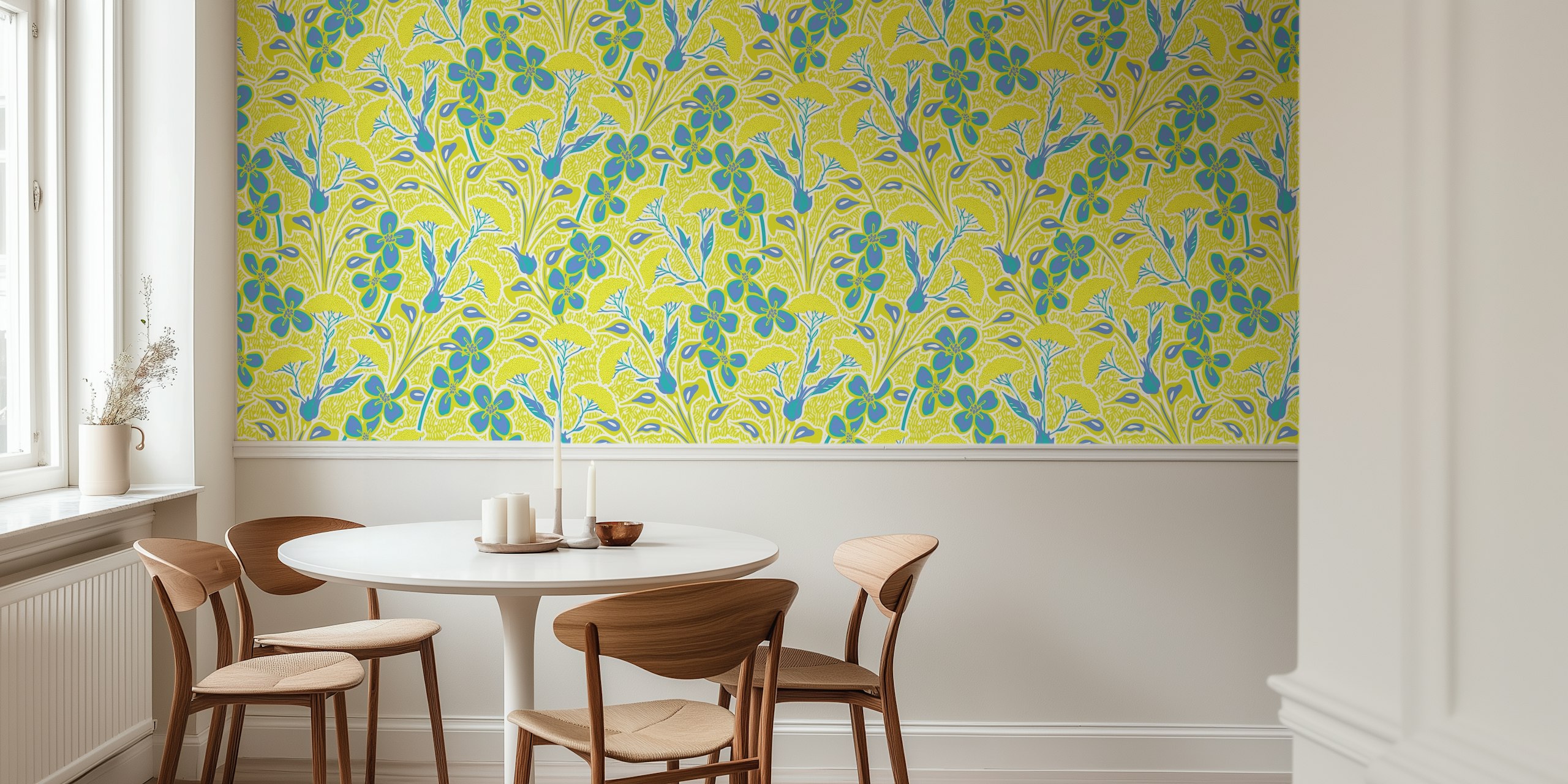 Floral meadow wallpaper displayed in a room