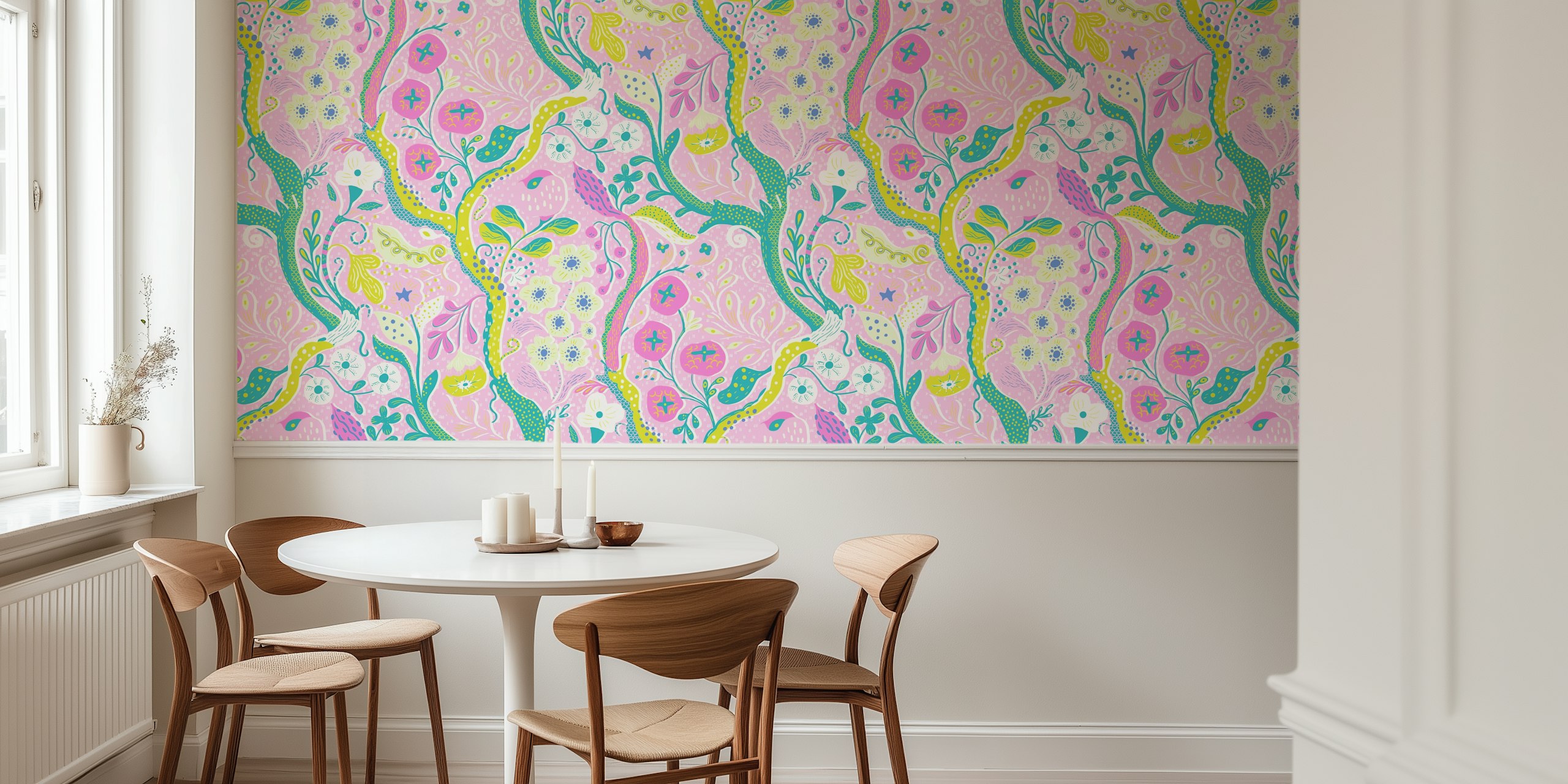 Whimsical kitschy floral garden wallpaper in a room.