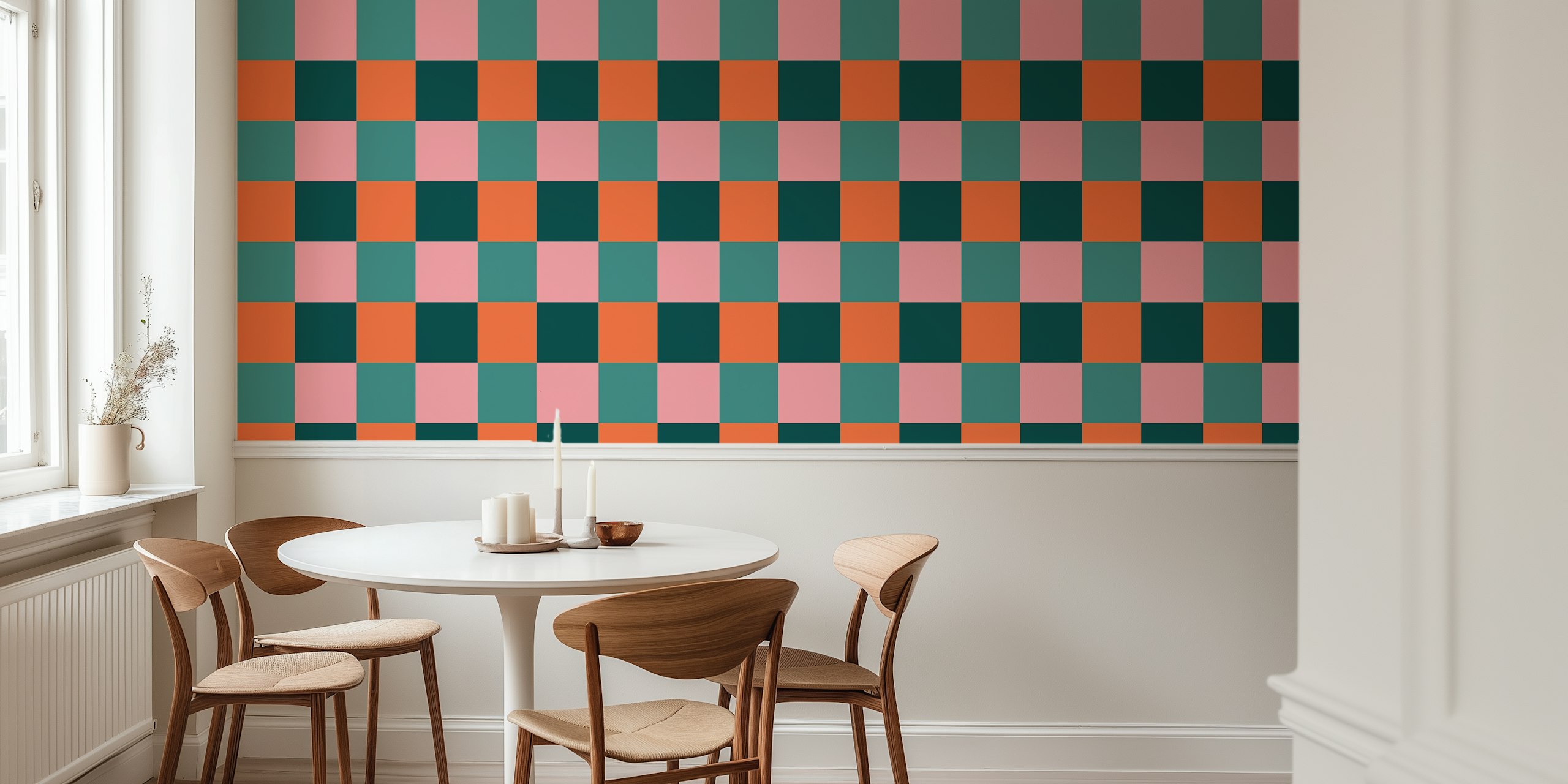 Color block check wallpaper in pink, orange, teal, and dark green