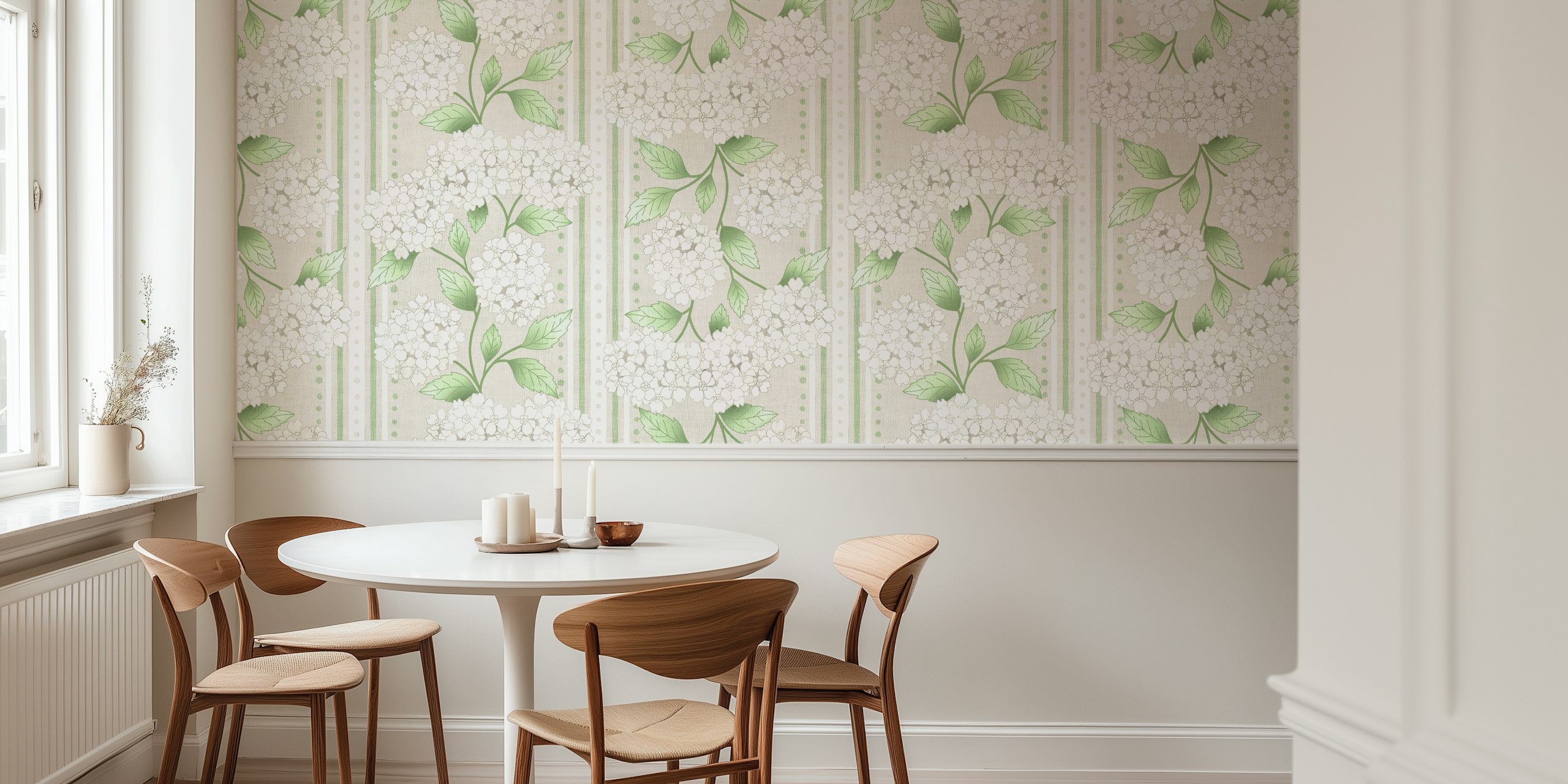 Pale cream and tan hydrangea floral wallpaper in room