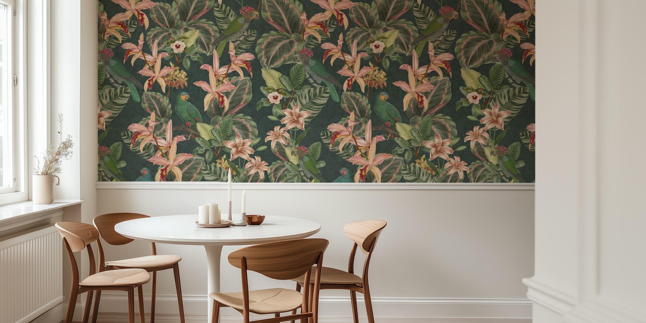 Tropical Jungle Parrots wallpaper in a room