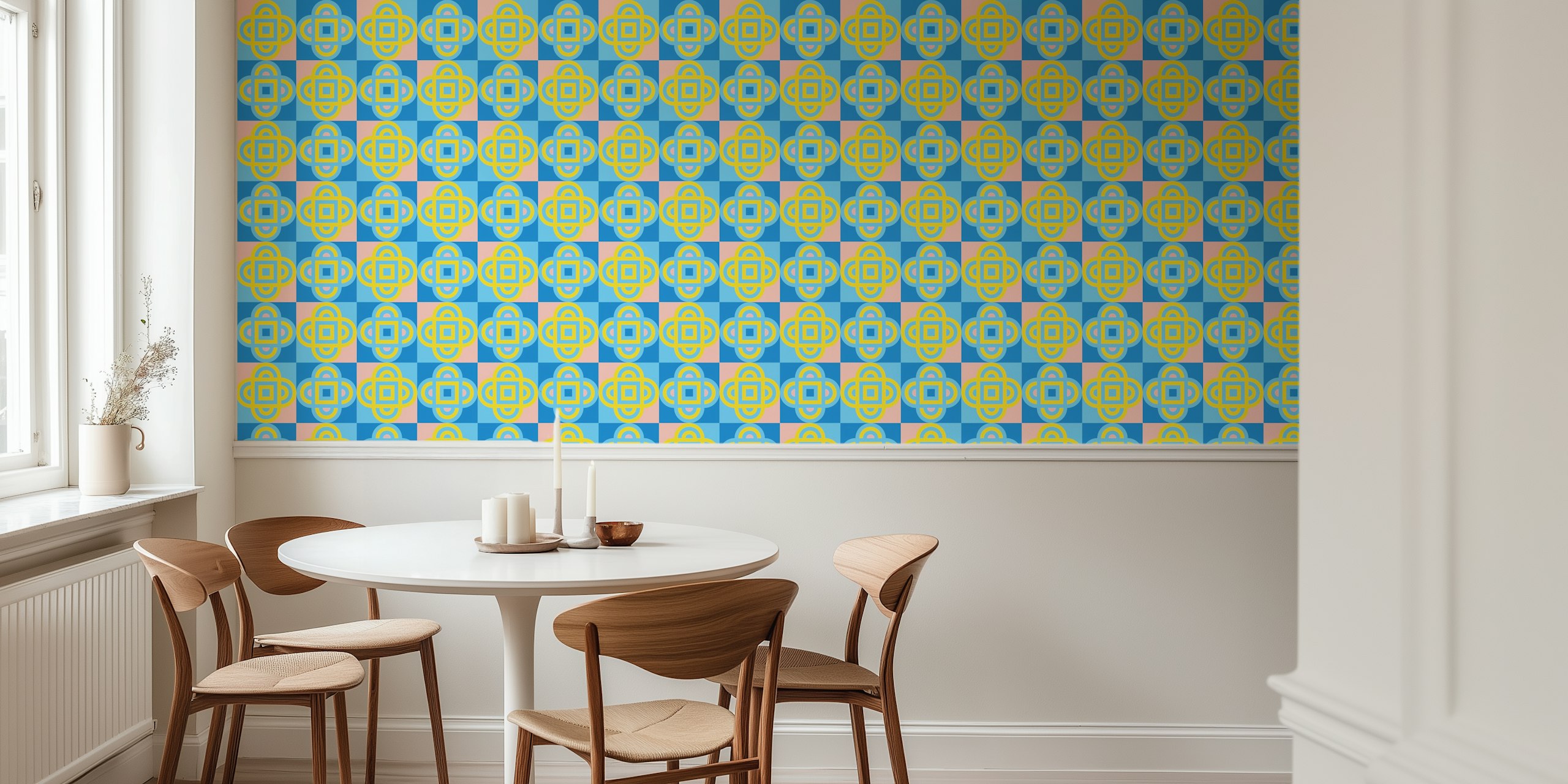 Colorful quatrefoil geometric pattern in pink, blue, and yellow wallpaper