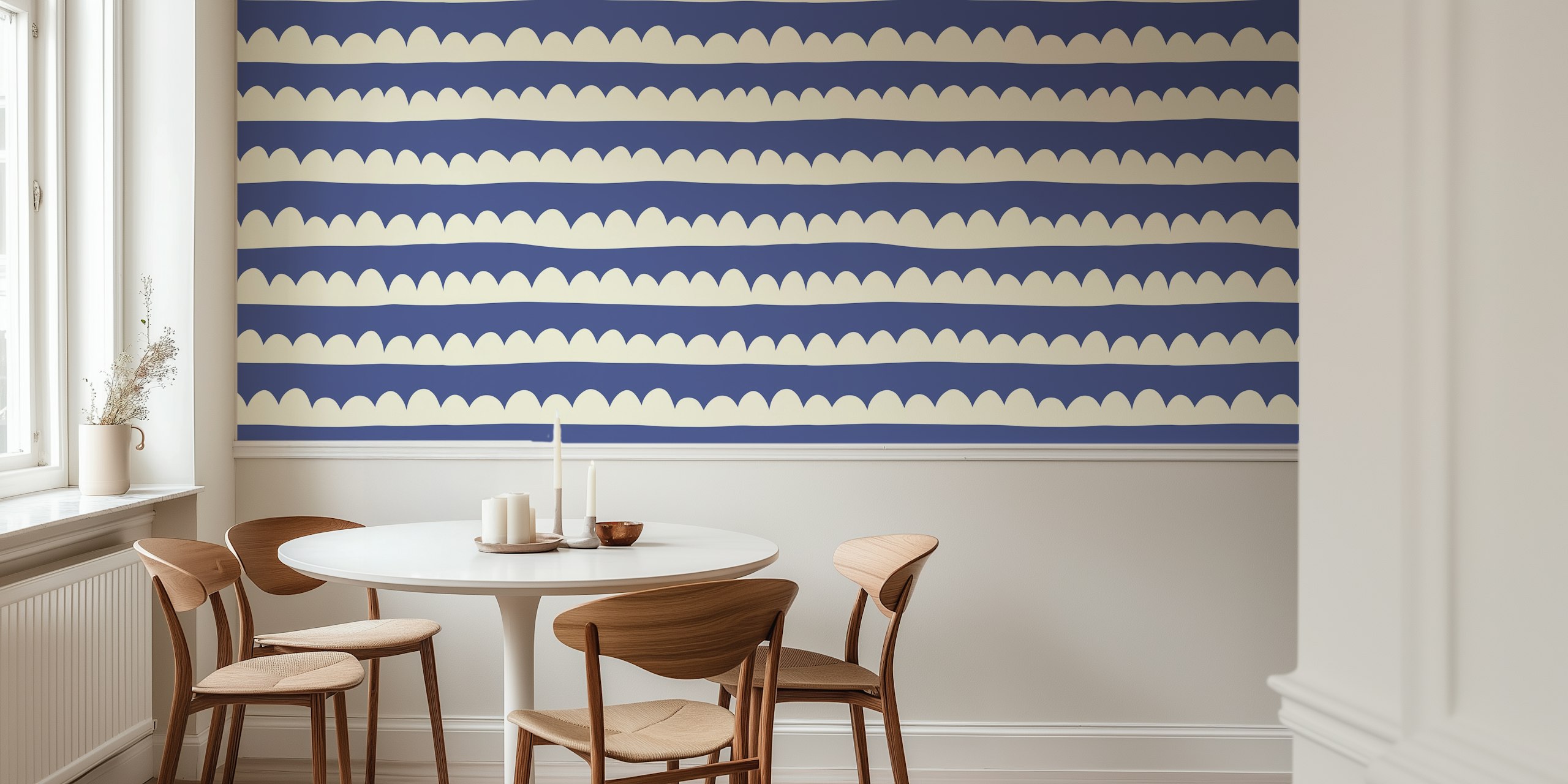 Blue and white scallop edge stripes wallpaper