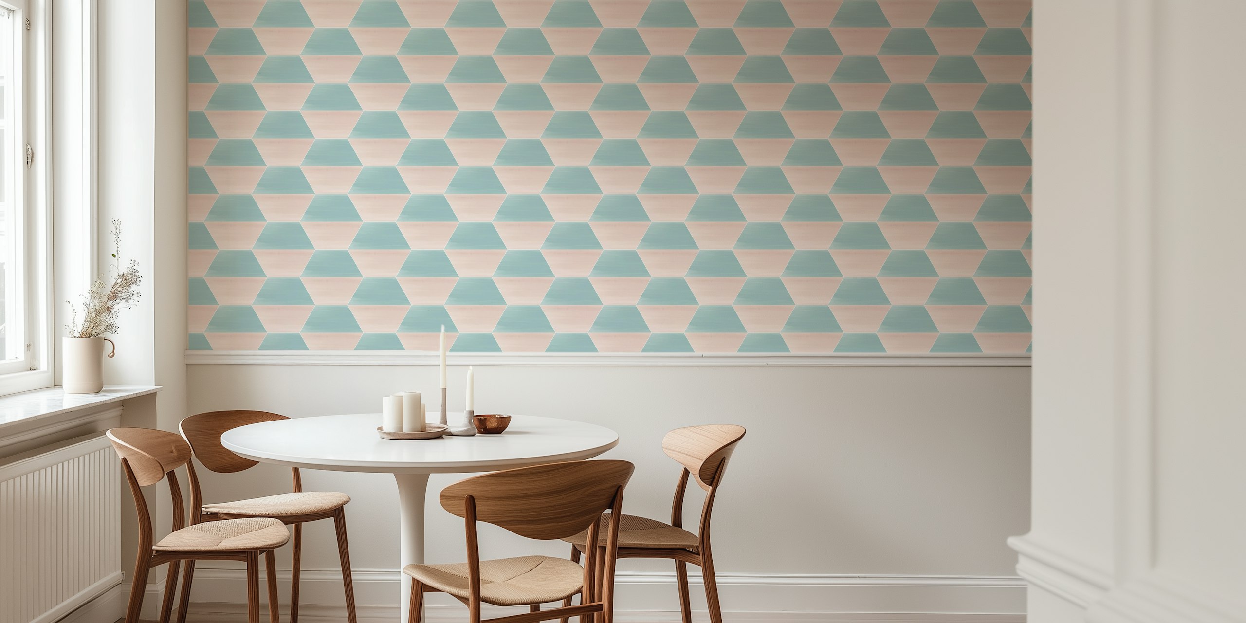 Hexagon geometric pattern in pastel blue and pink wallpaper