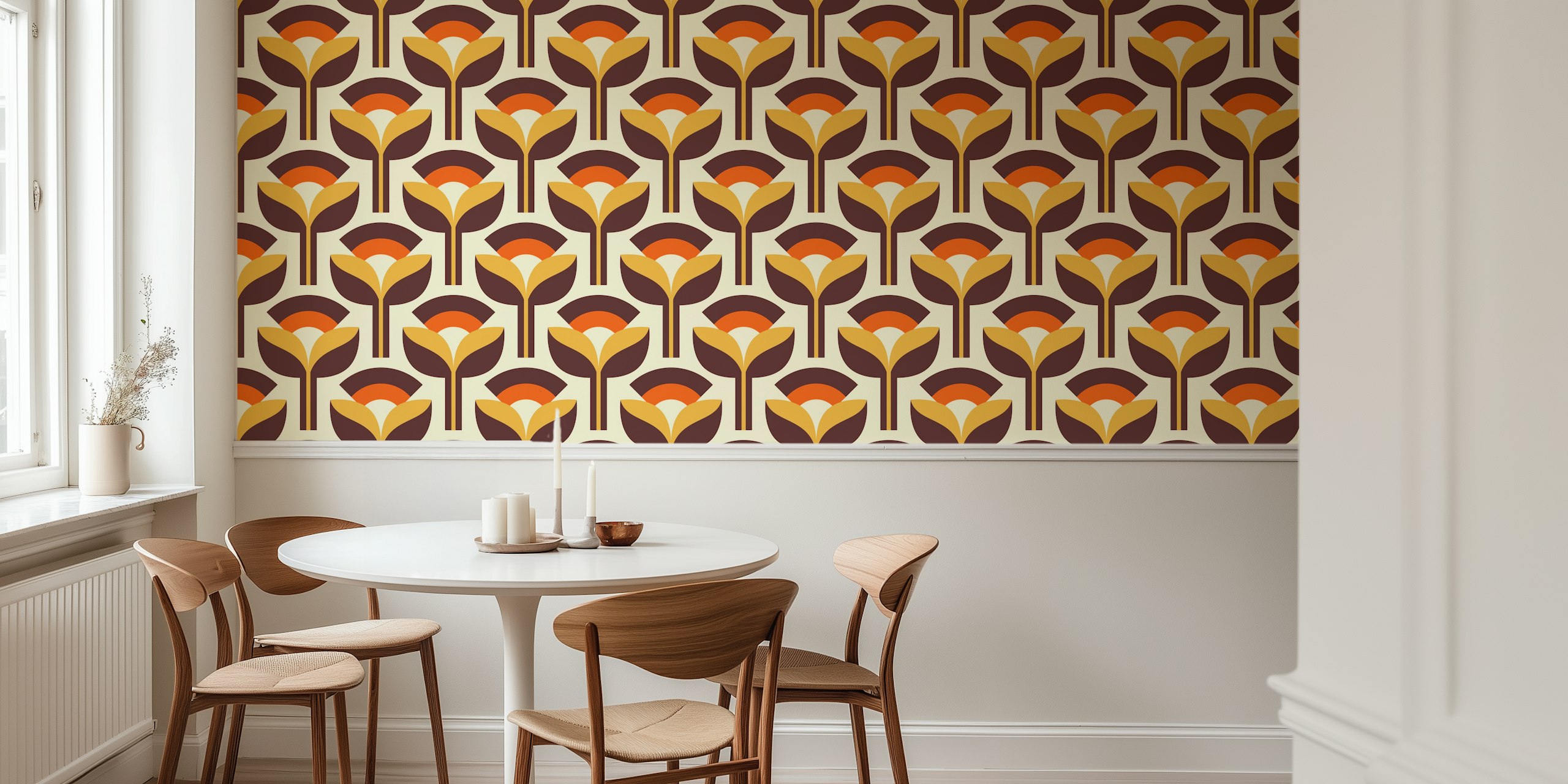 Geometric floral pattern in orange, brown, and yellow colors on cream background wallpaper