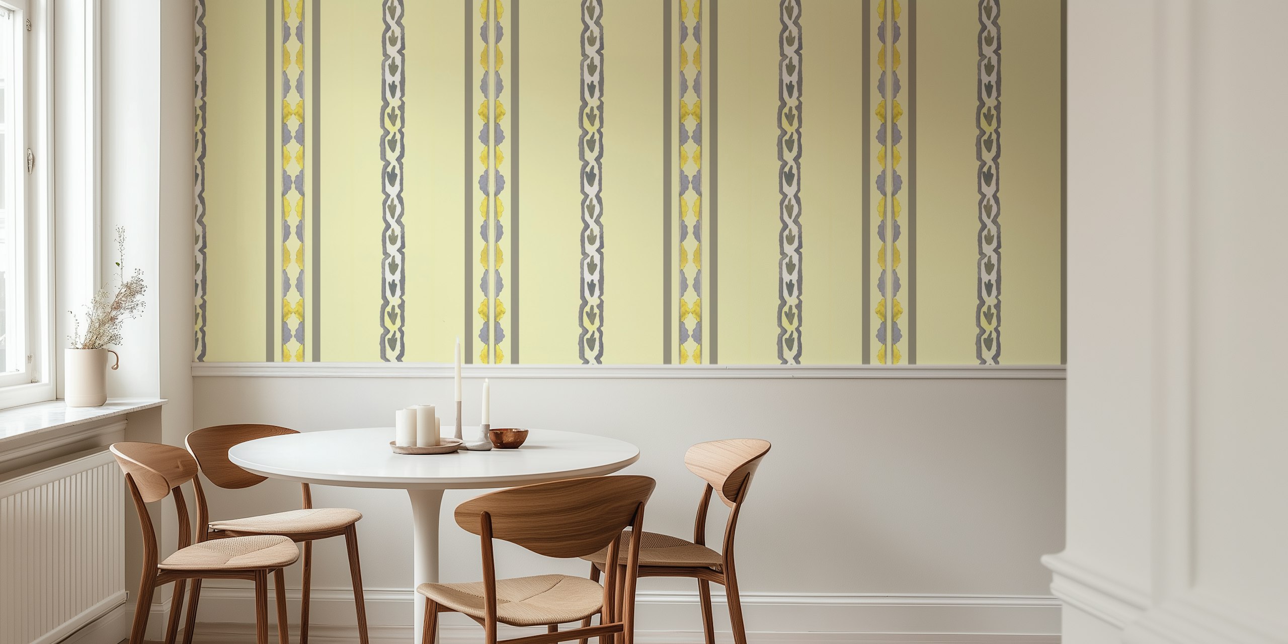 Yellow and gray striped floral pattern wallpaper