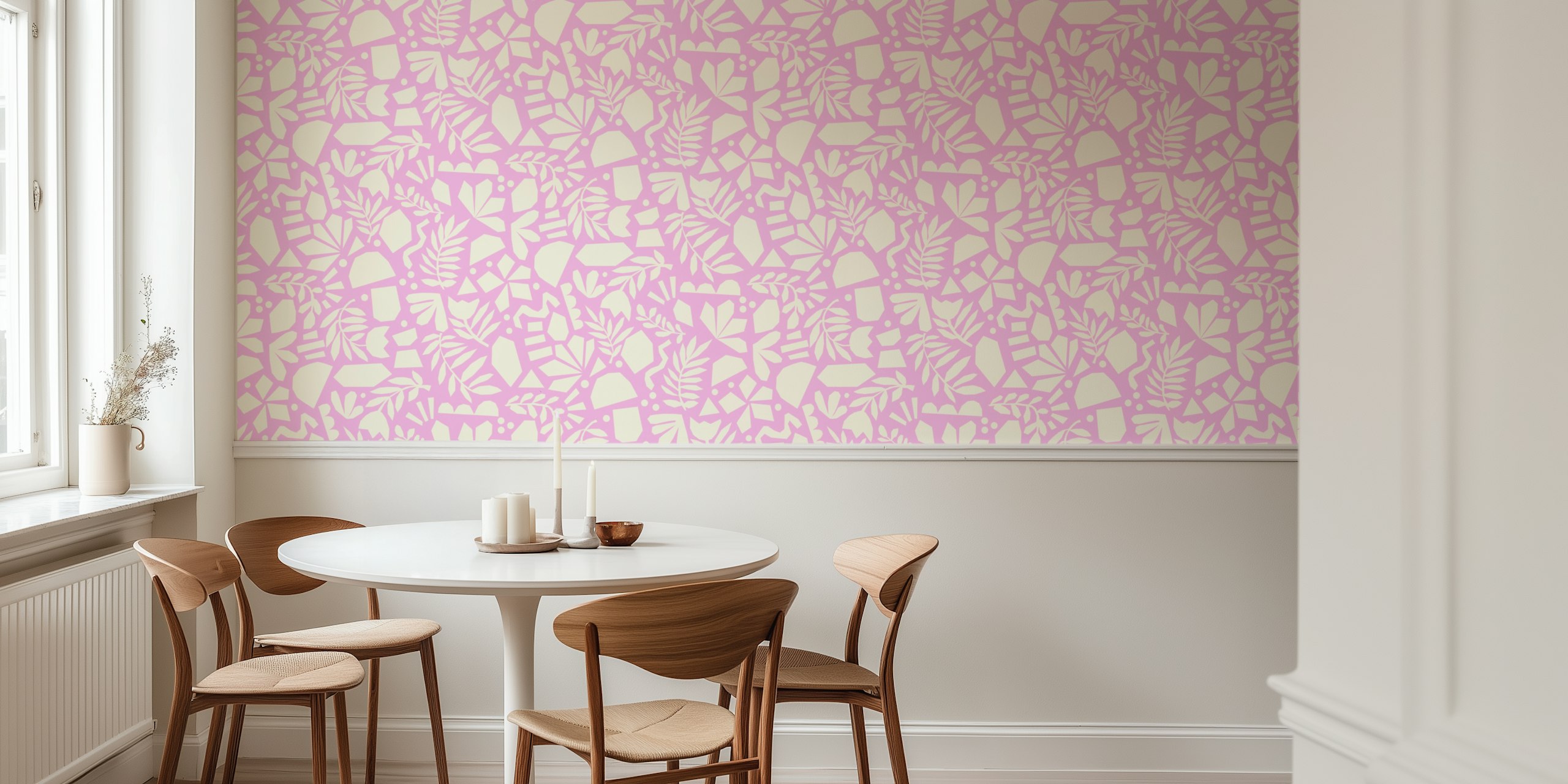 Floral abstract light pink wallpaper in a room