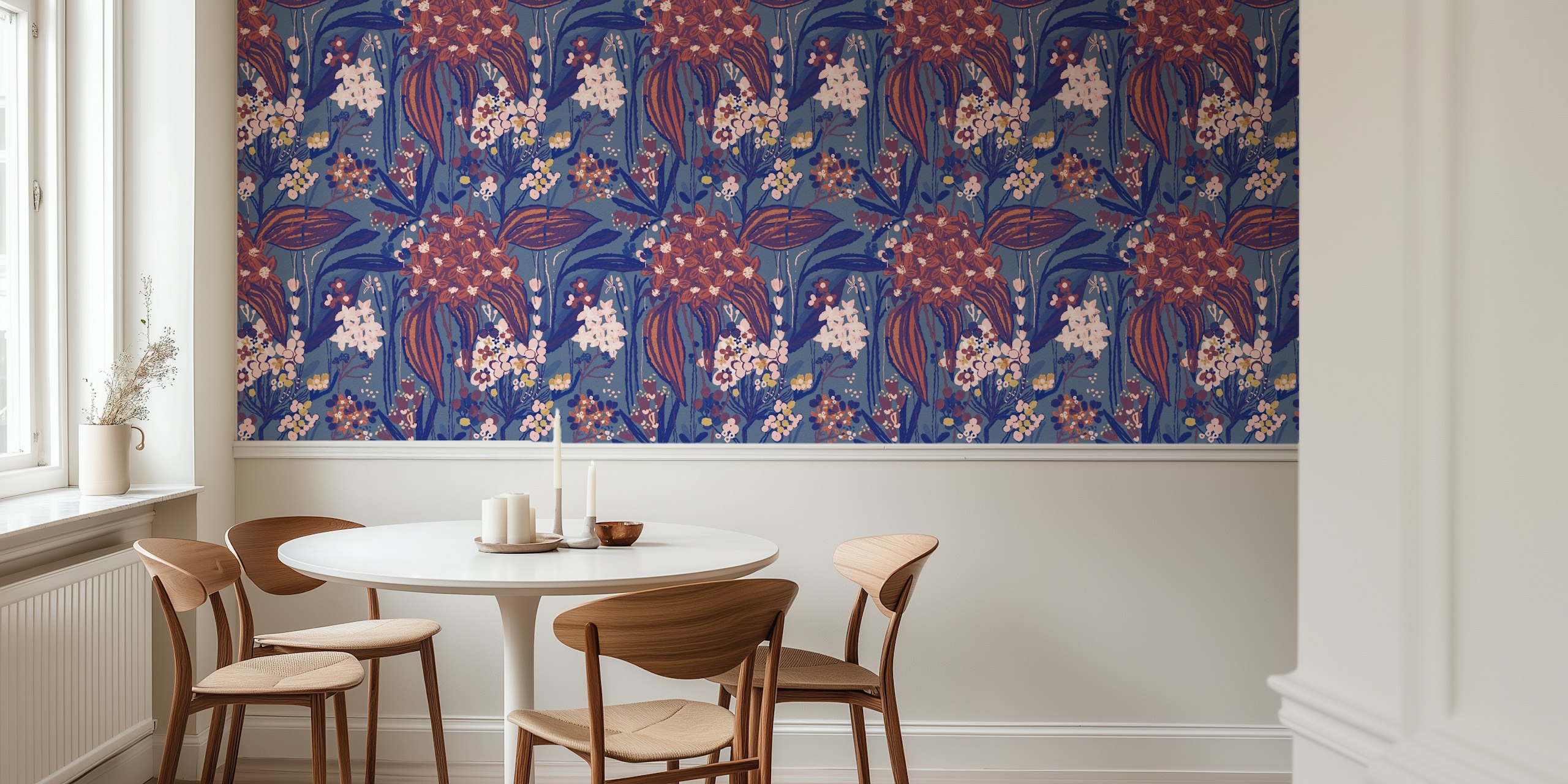 Floral patterns with pink and white flowers on a blue background wallpaper