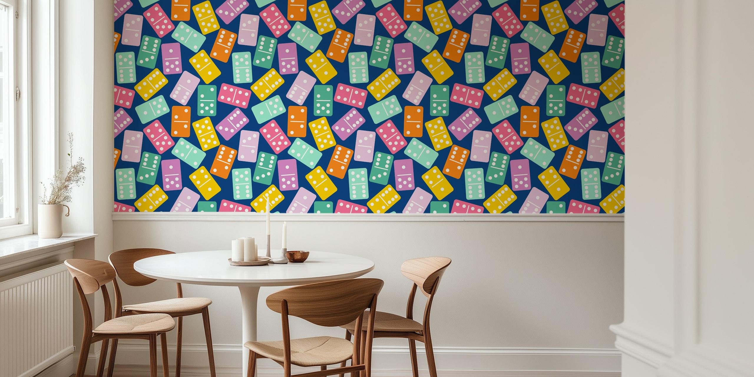 Colorful domino patterned wallpaper in a room