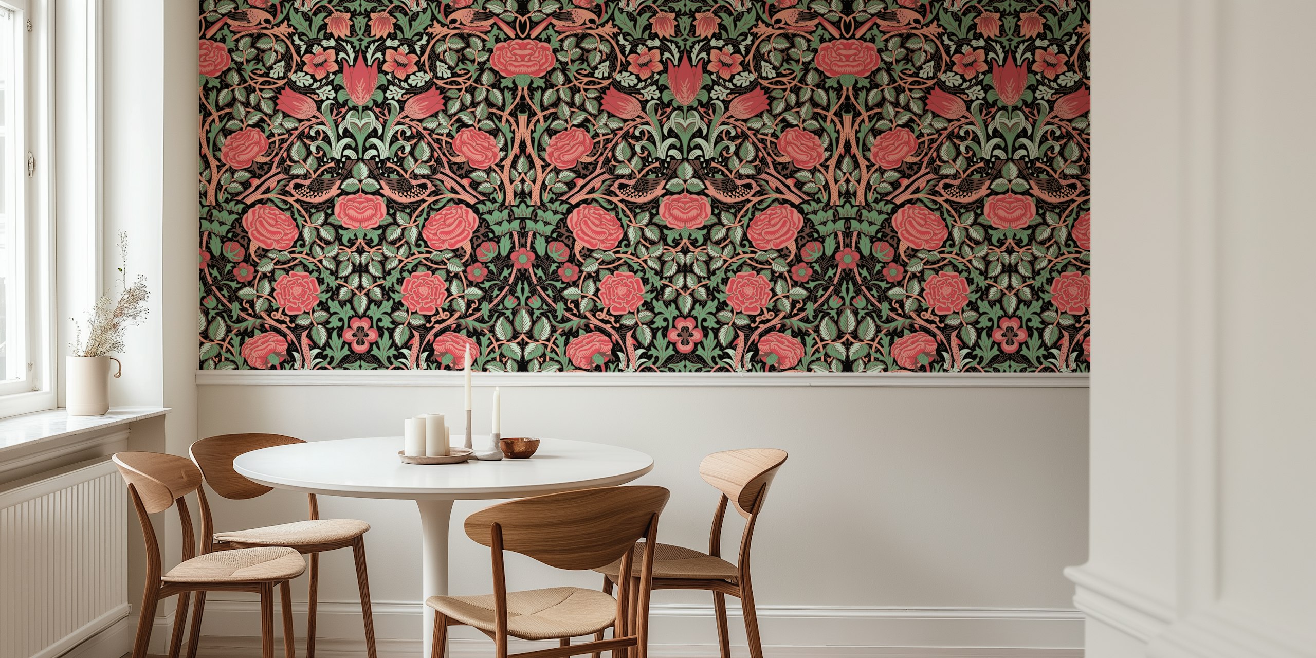 Victorian Rose 7 carta da parati floreale rossa e verde in una stanza