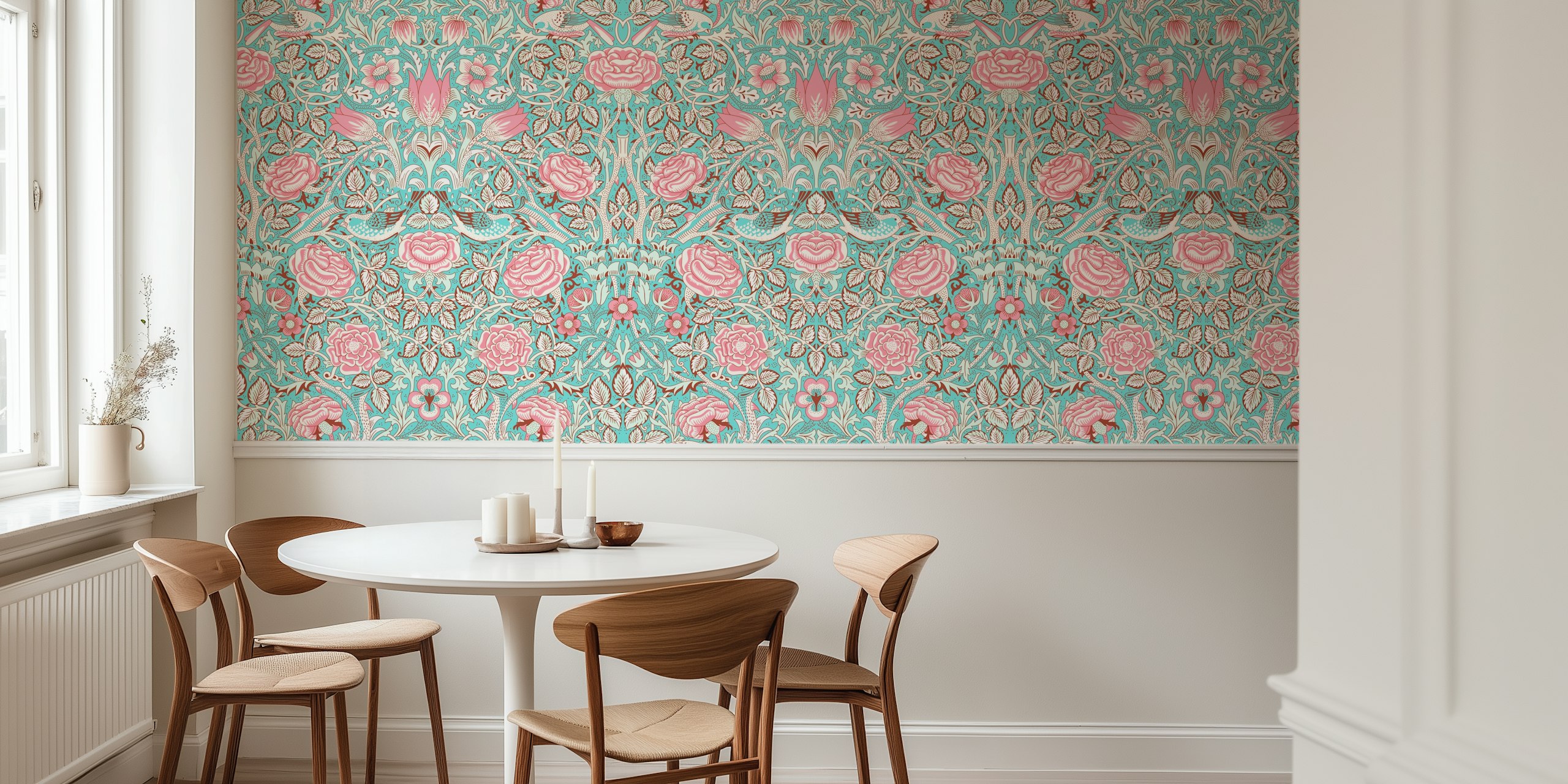 Floral wallpaper featuring pink roses and turquoise background, vintage style