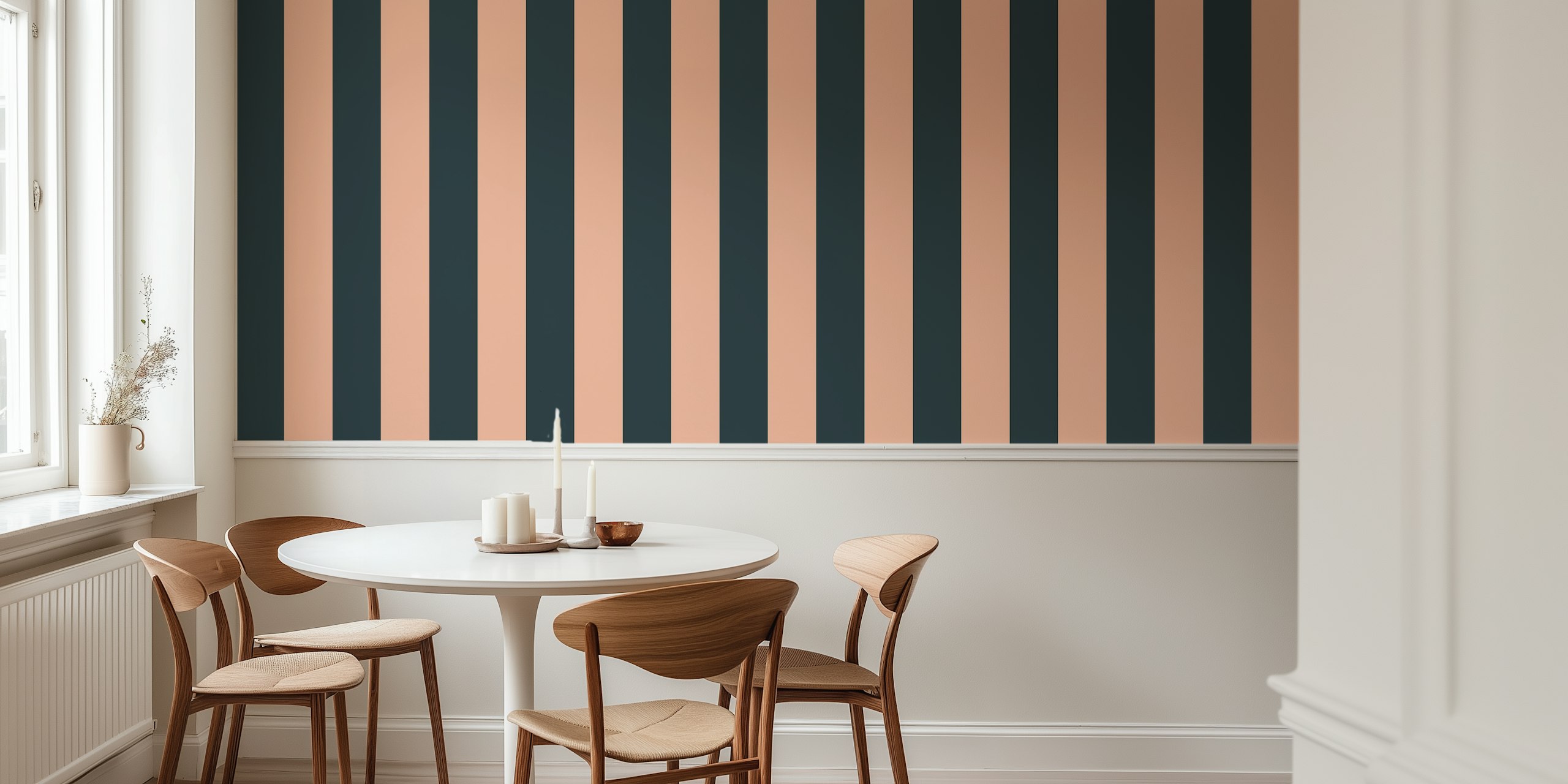 Teal and peach striped nursery wallpaper